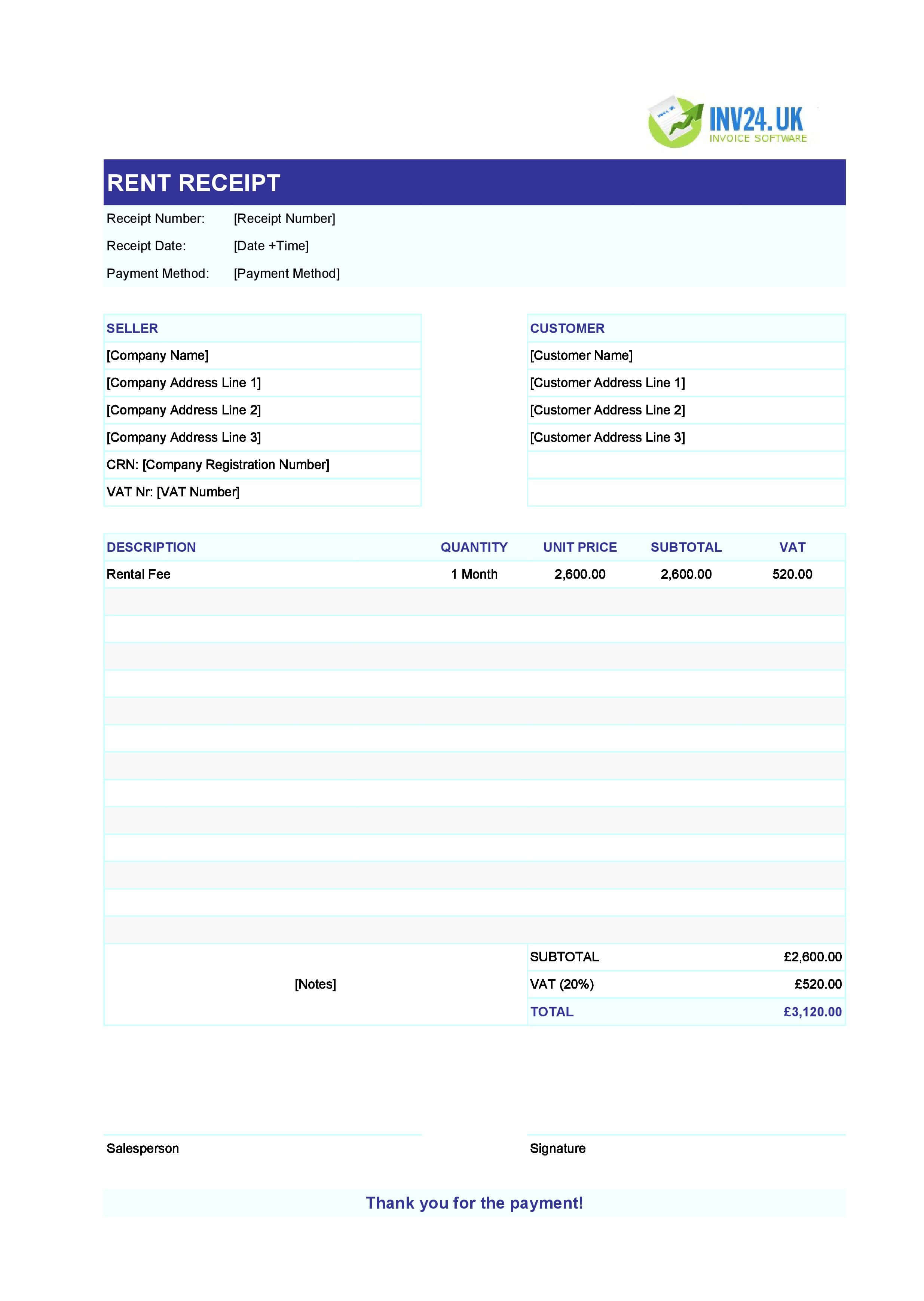 Free Rent Receipt Template for UK (Excel / Google Sheets)