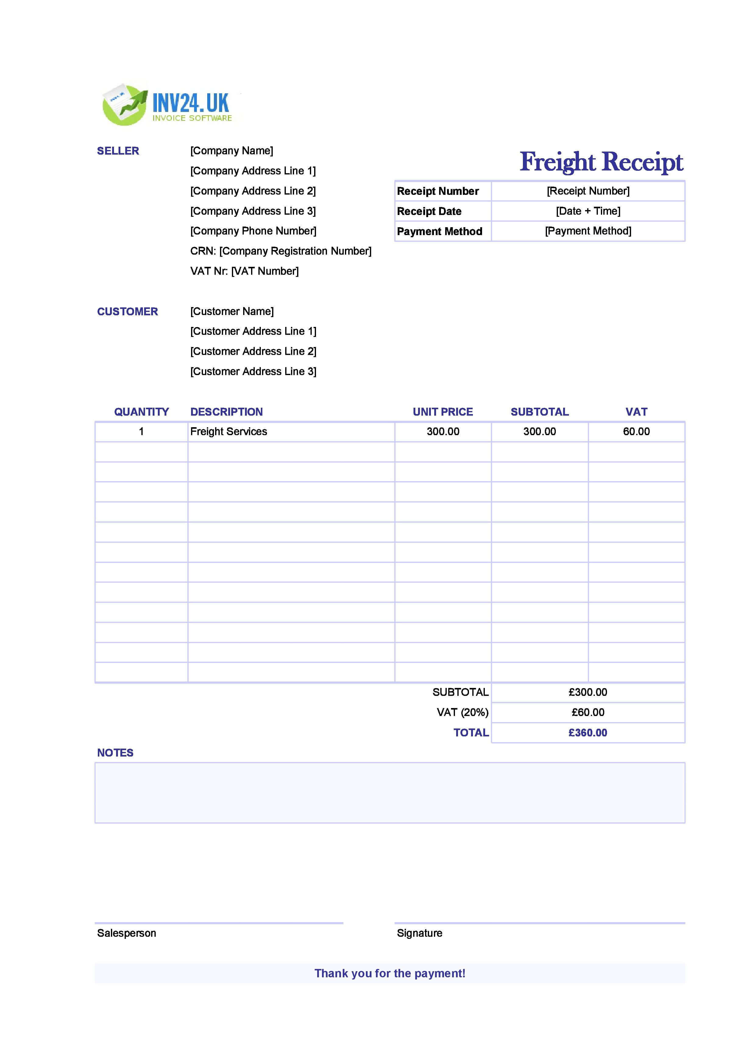 Freight Receipt Template for UK (Excel / Google Sheets)