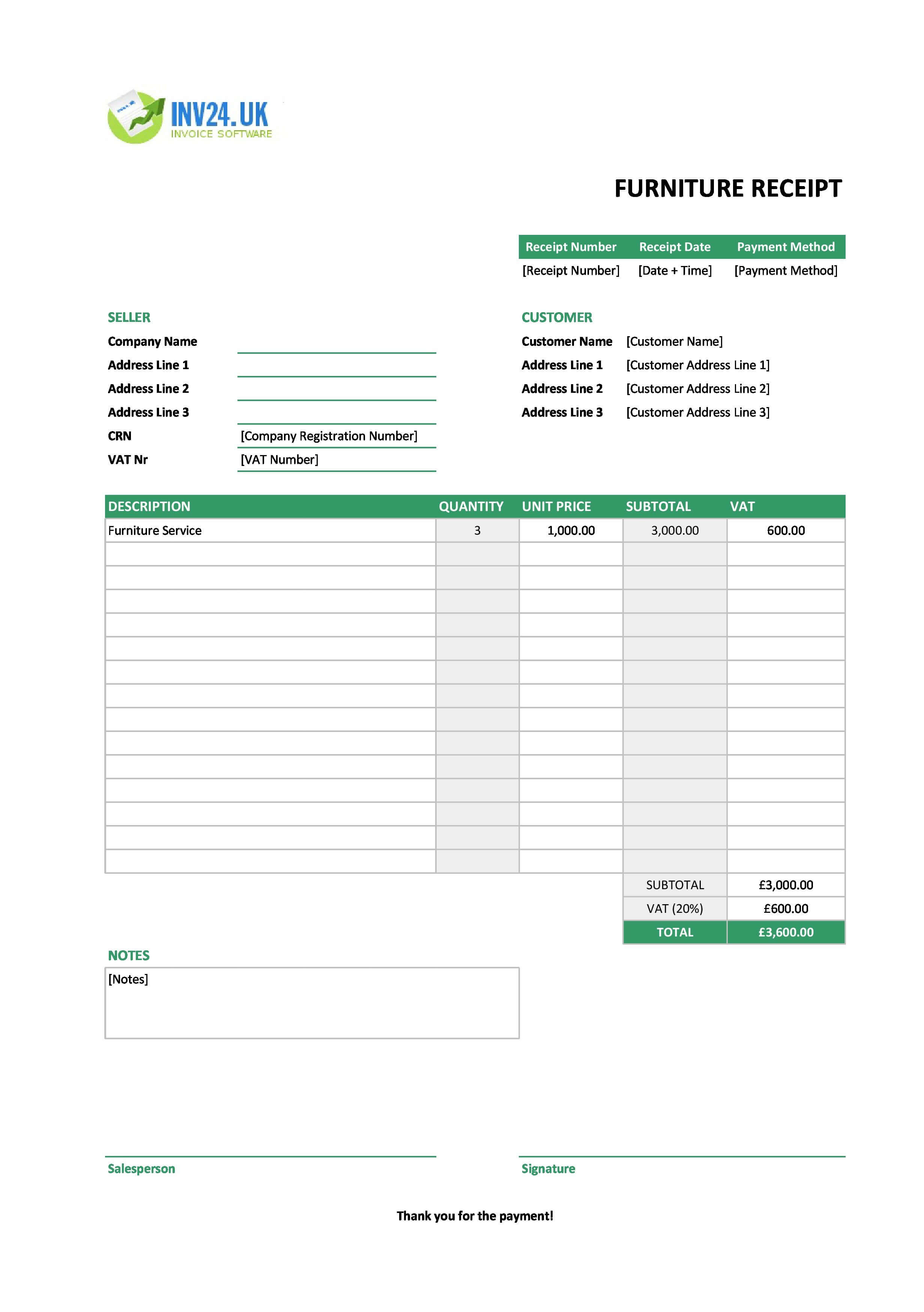 Furniture Receipt Template for UK (Excel / Google Sheets)