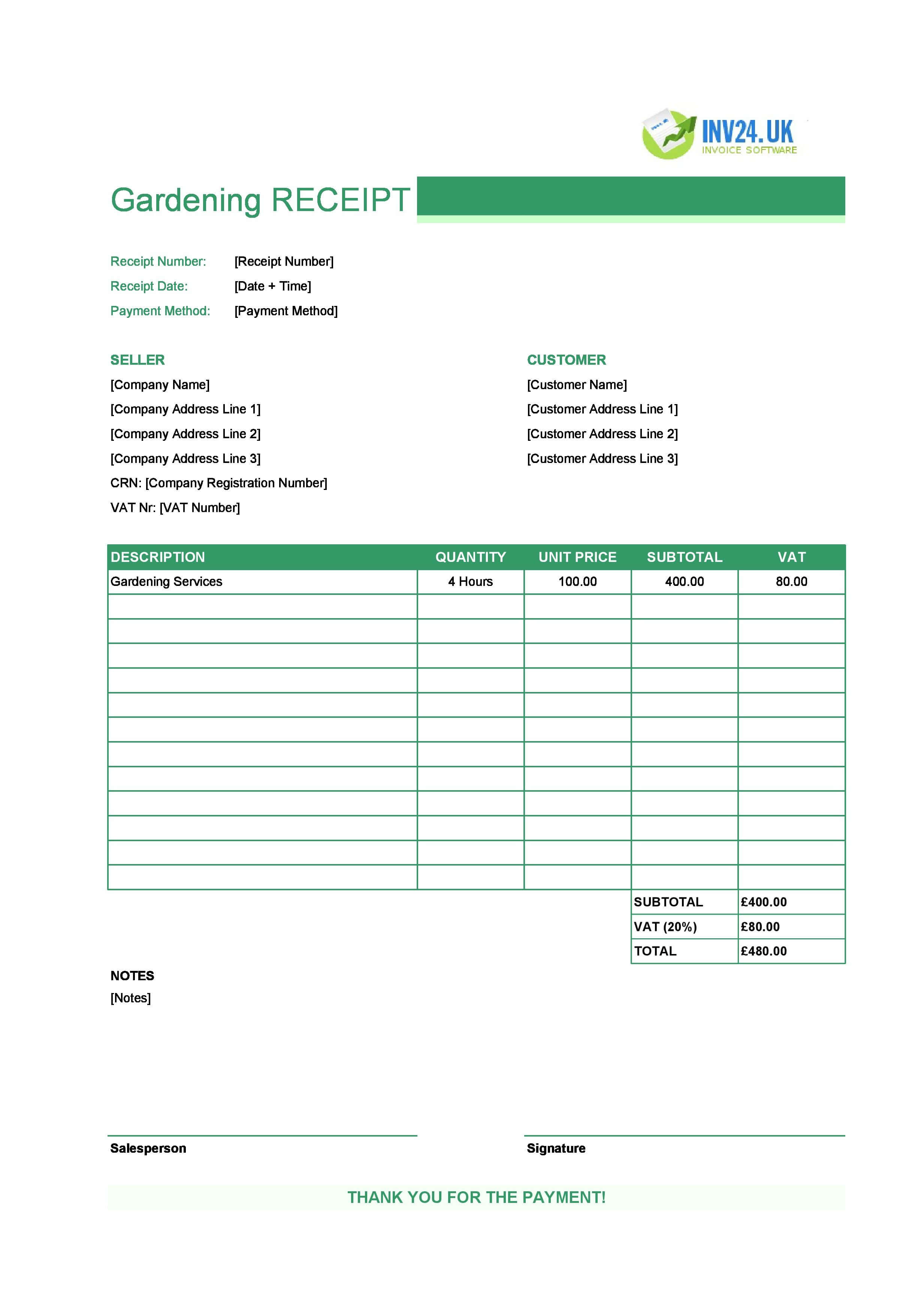 Gardening Receipt Template for UK (Excel / Google Sheets)