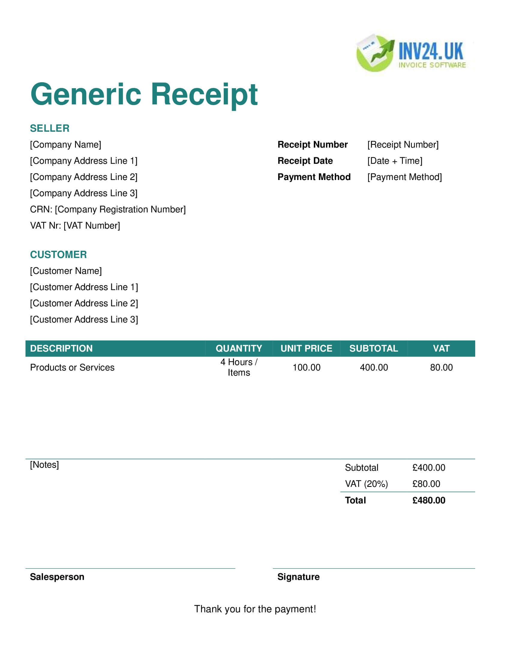 Generic Receipt Template for UK (Word / Google Docs)