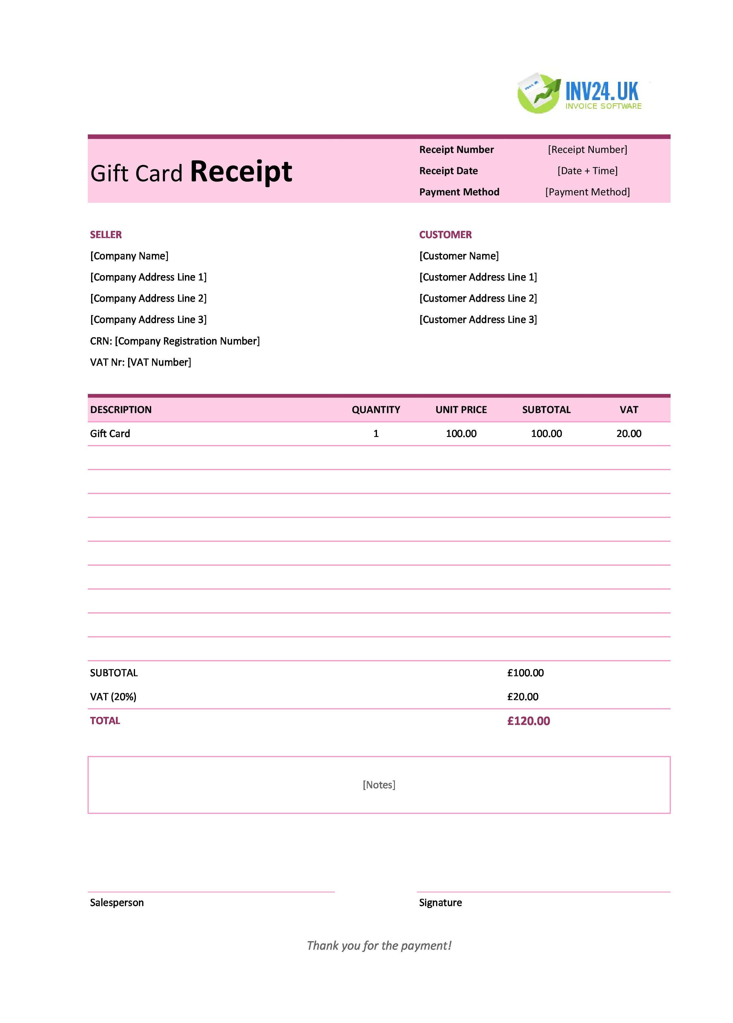 Gift Card Receipt Template for UK (Excel / Google Sheets)