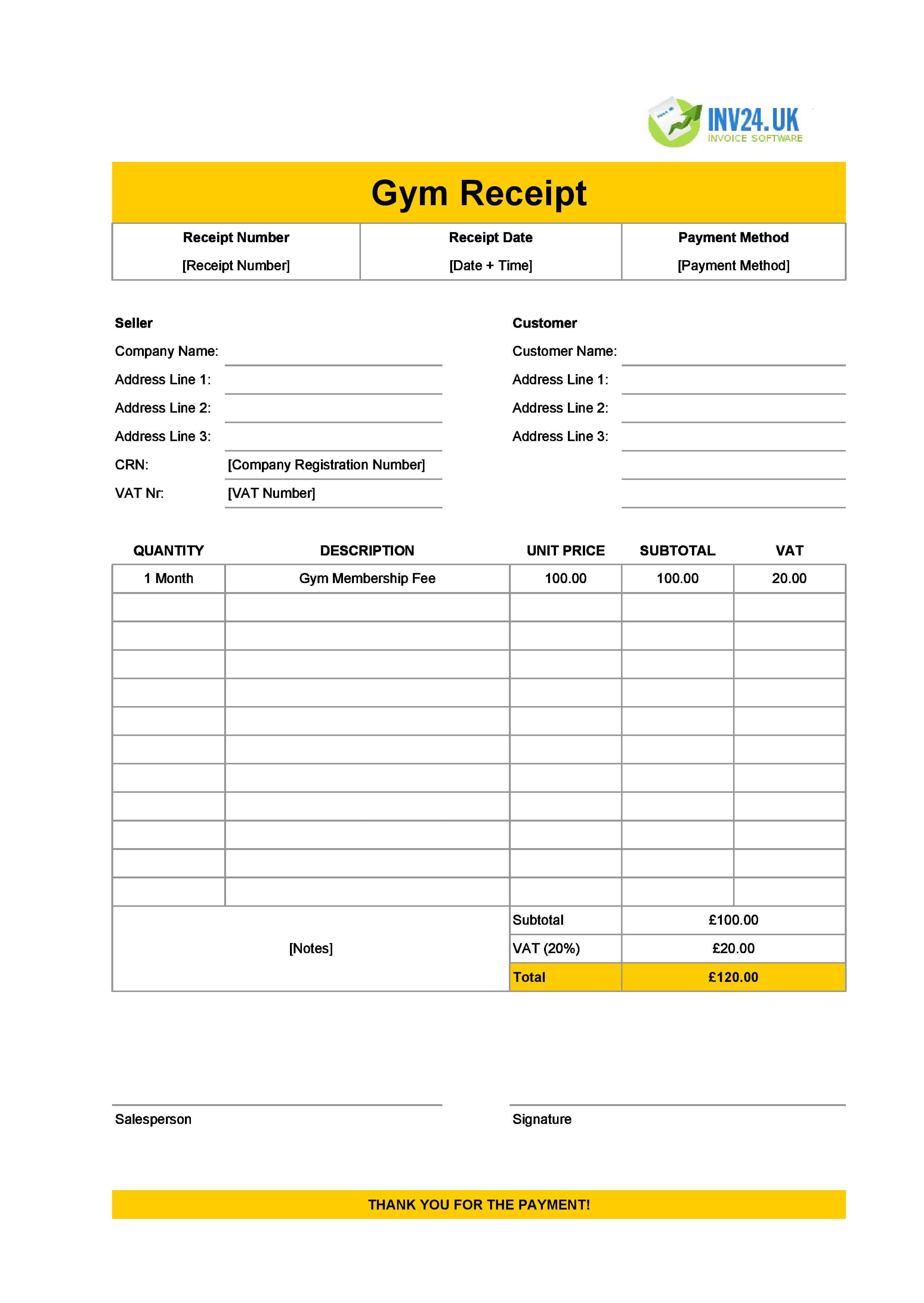Gym Receipt Template for UK (Excel / Google Sheets)