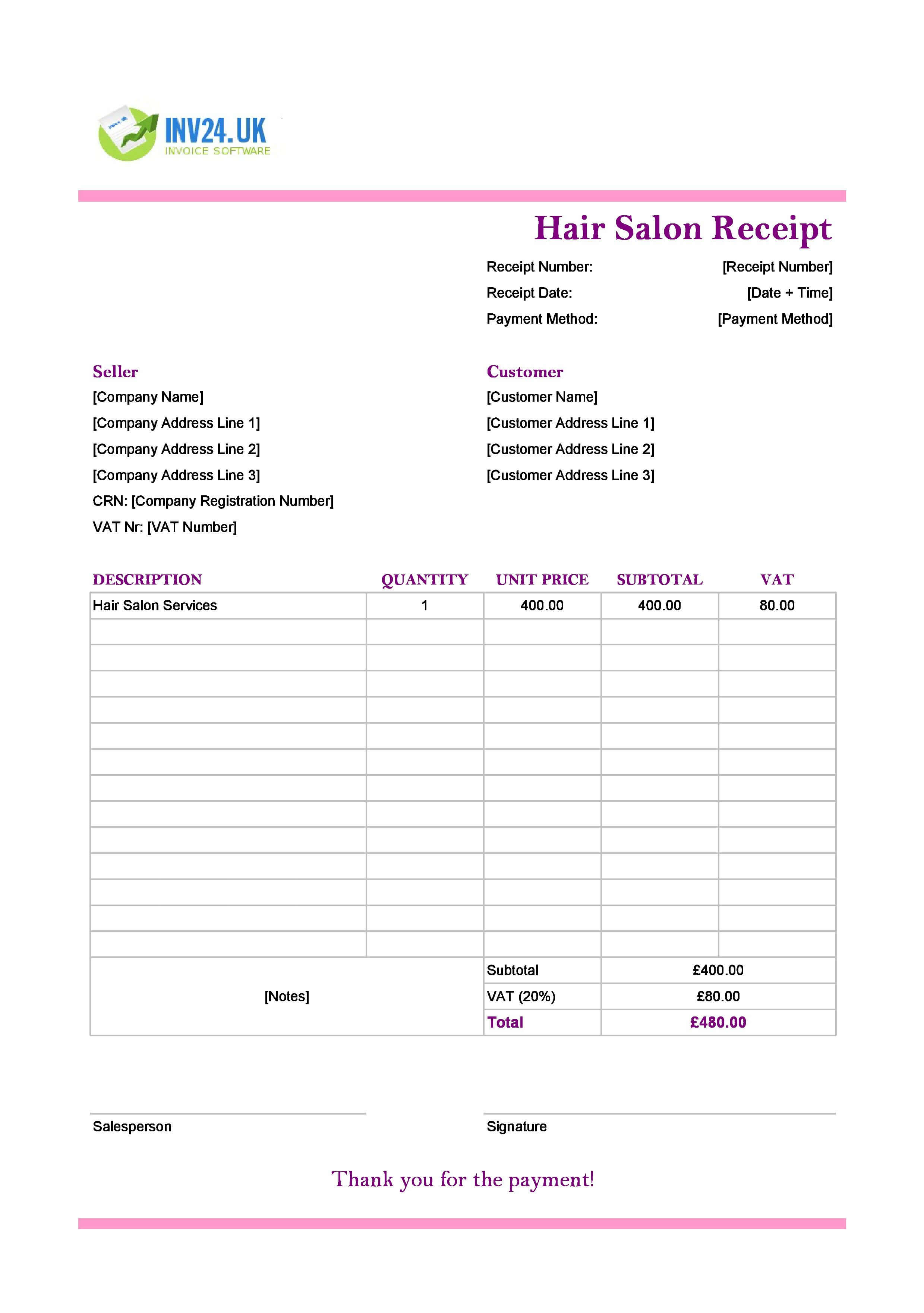 Hair Salon Receipt Template for UK (Excel / Google Sheets)