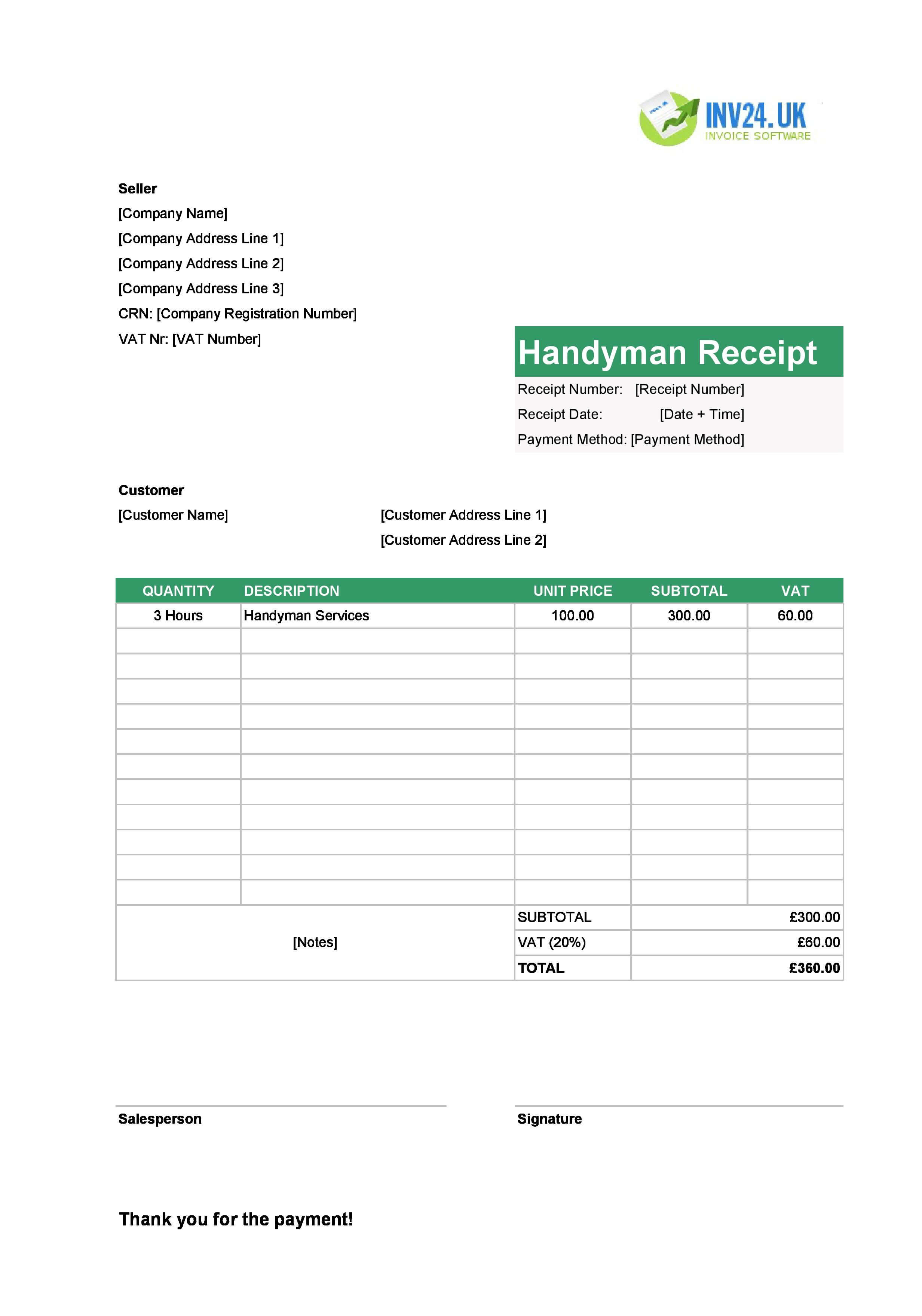 Handyman Receipt Template for UK (Excel / Google Sheets)