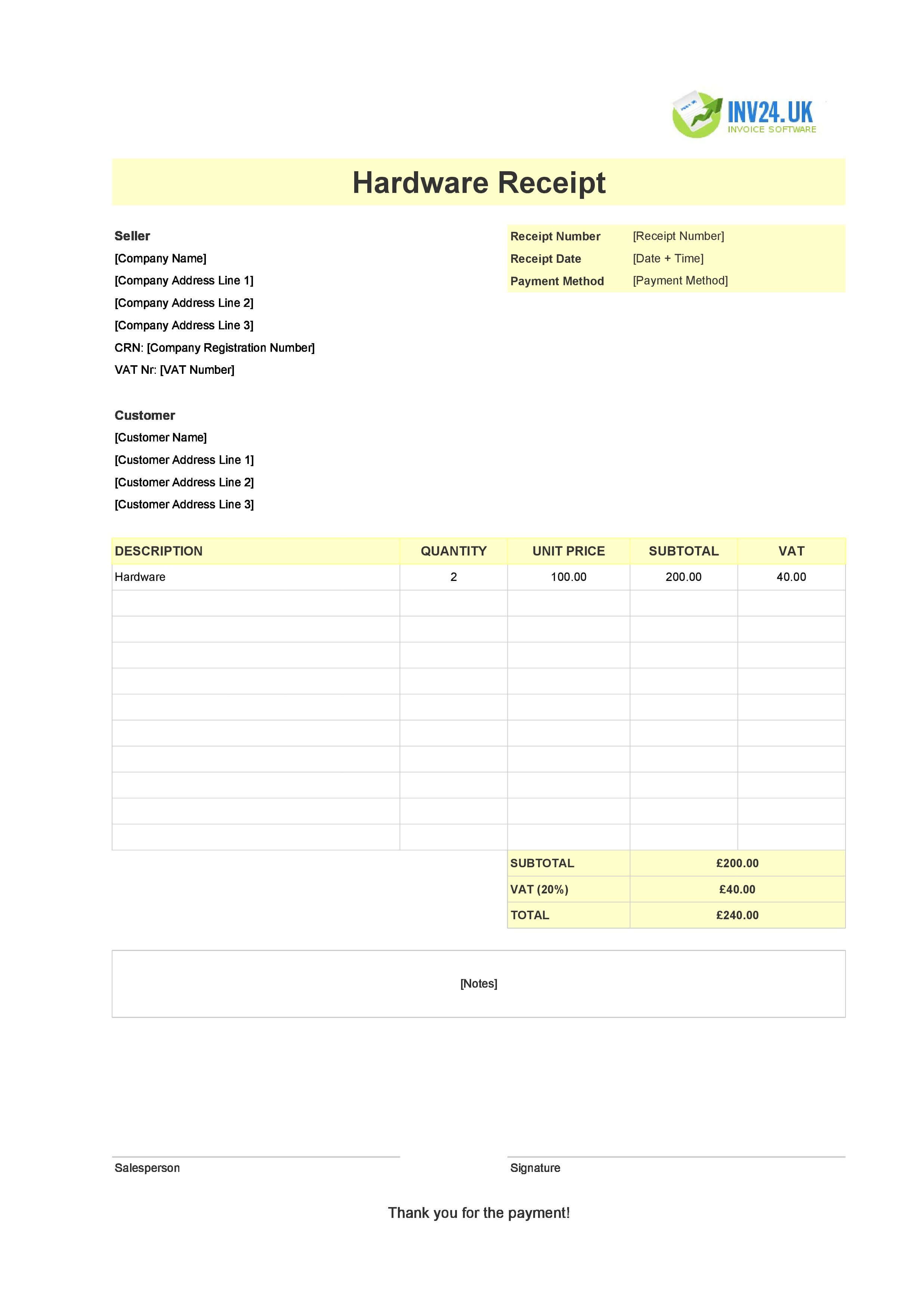 Hardware Receipt Template for UK (Excel / Google Sheets)