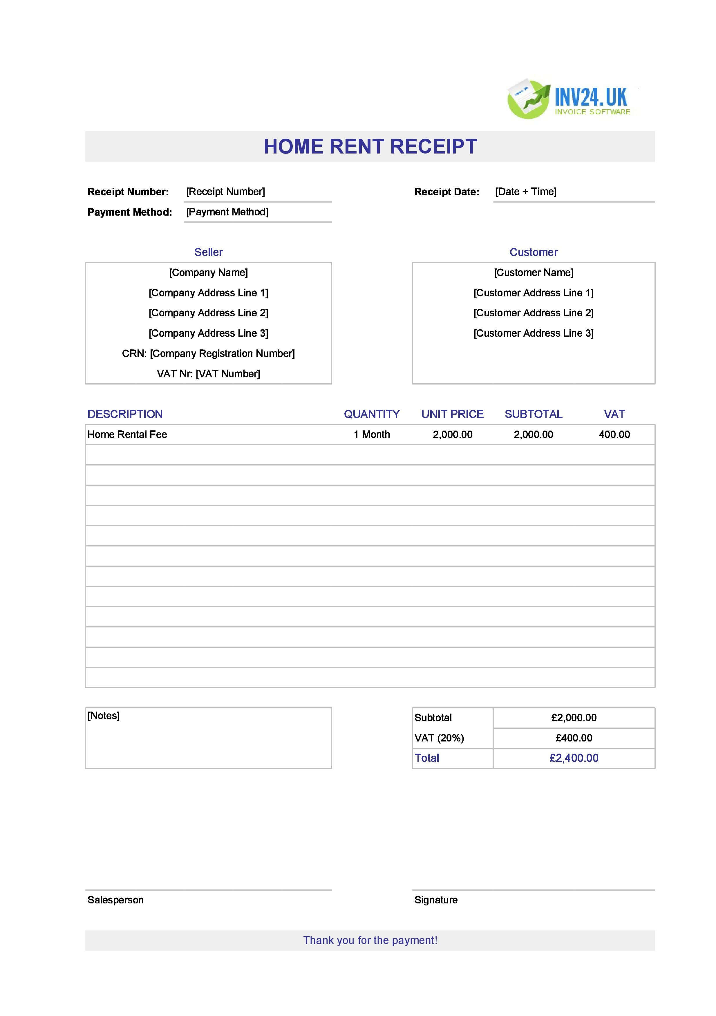 Home Rent Receipt Template for UK (Excel / Google Sheets)