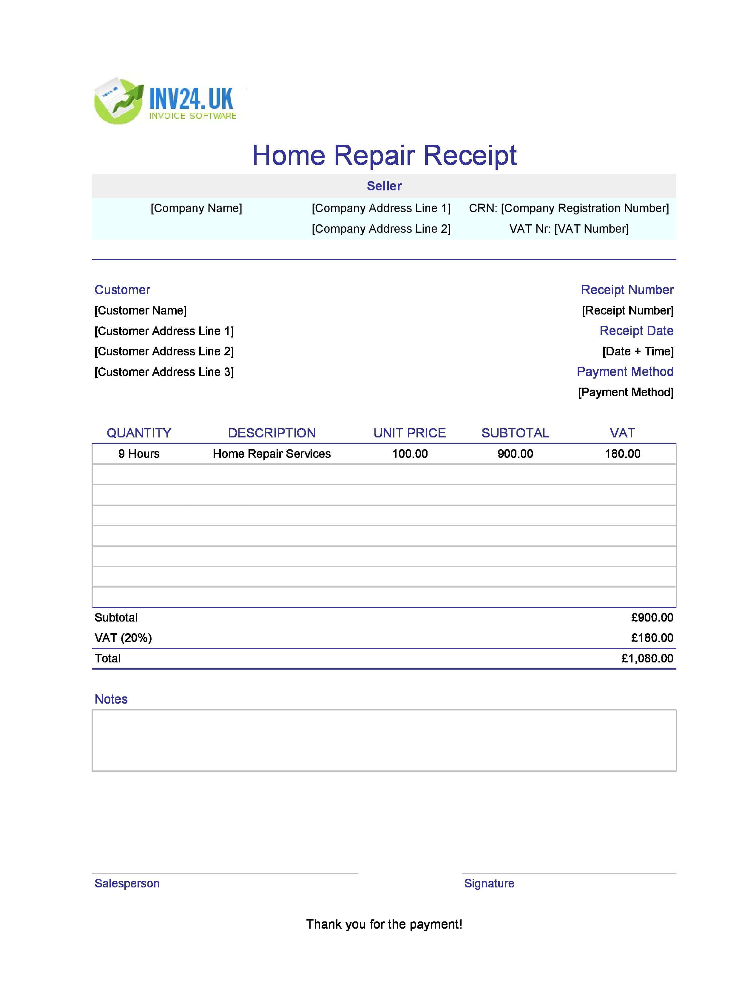 Home Repair Receipt Template for UK (Excel / Google Sheets)
