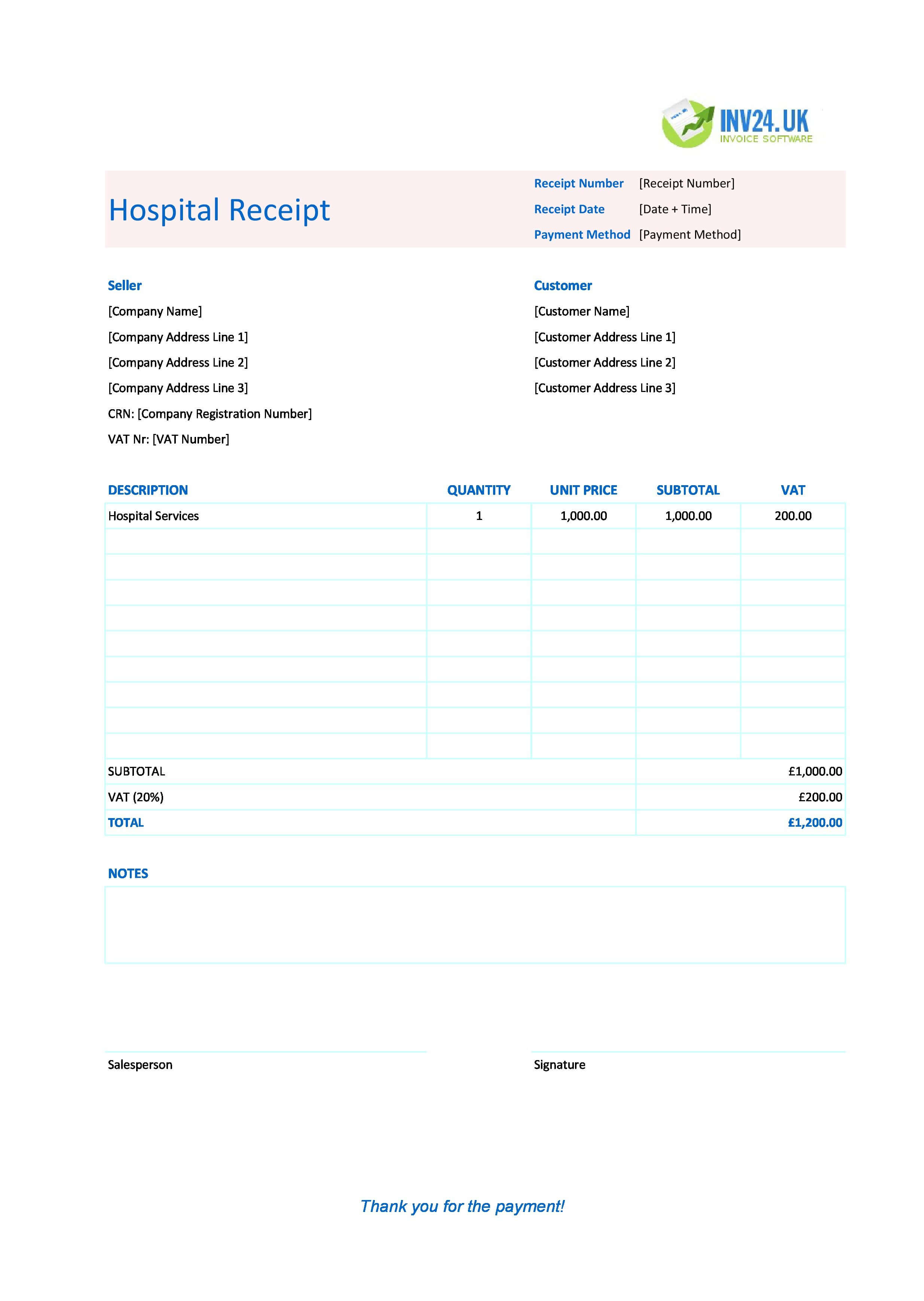 Hospital Receipt Template for UK (Excel / Google Sheets)