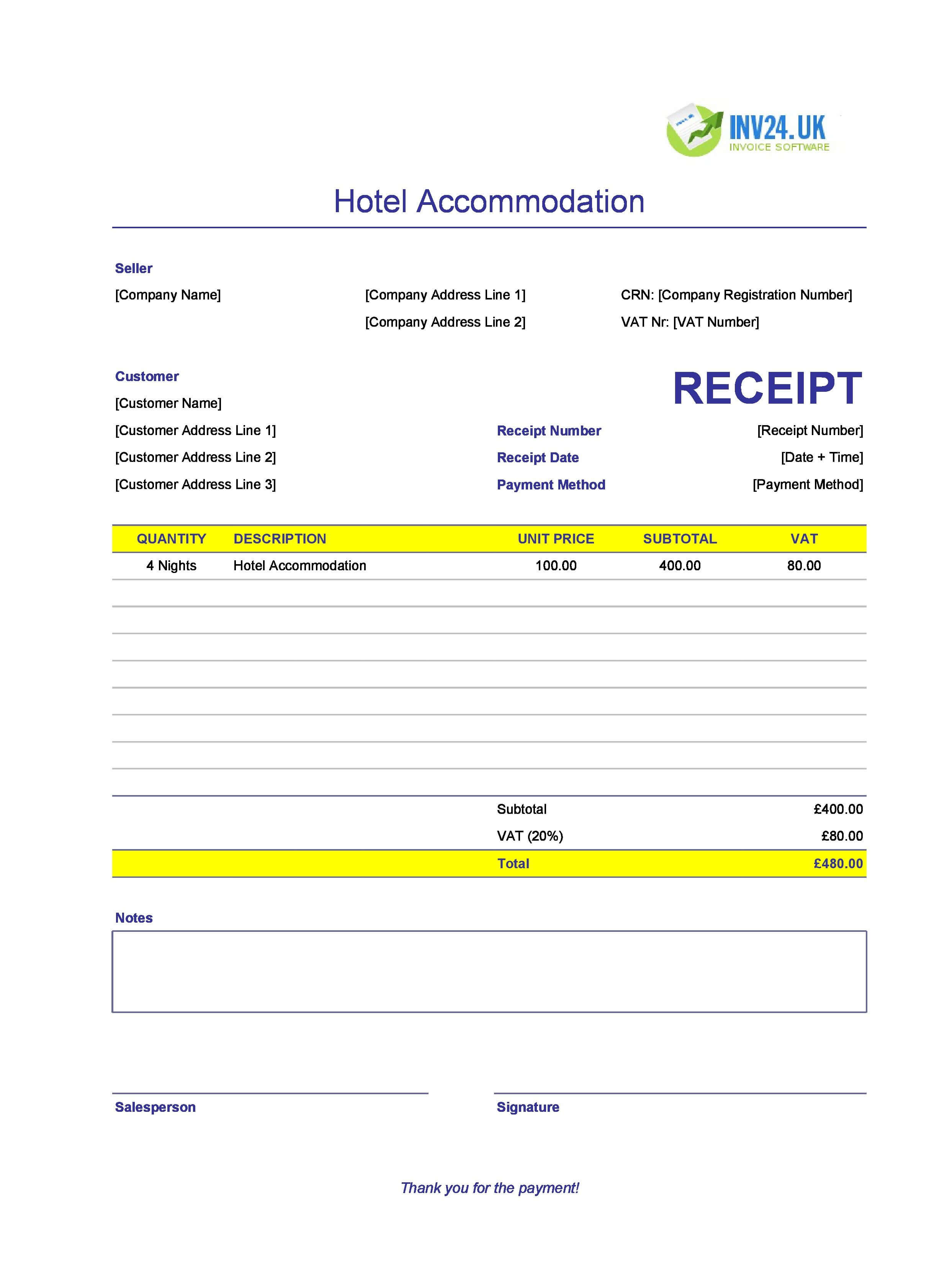 Hotel Accommodation Receipt Template for UK (Excel / Google Sheets)