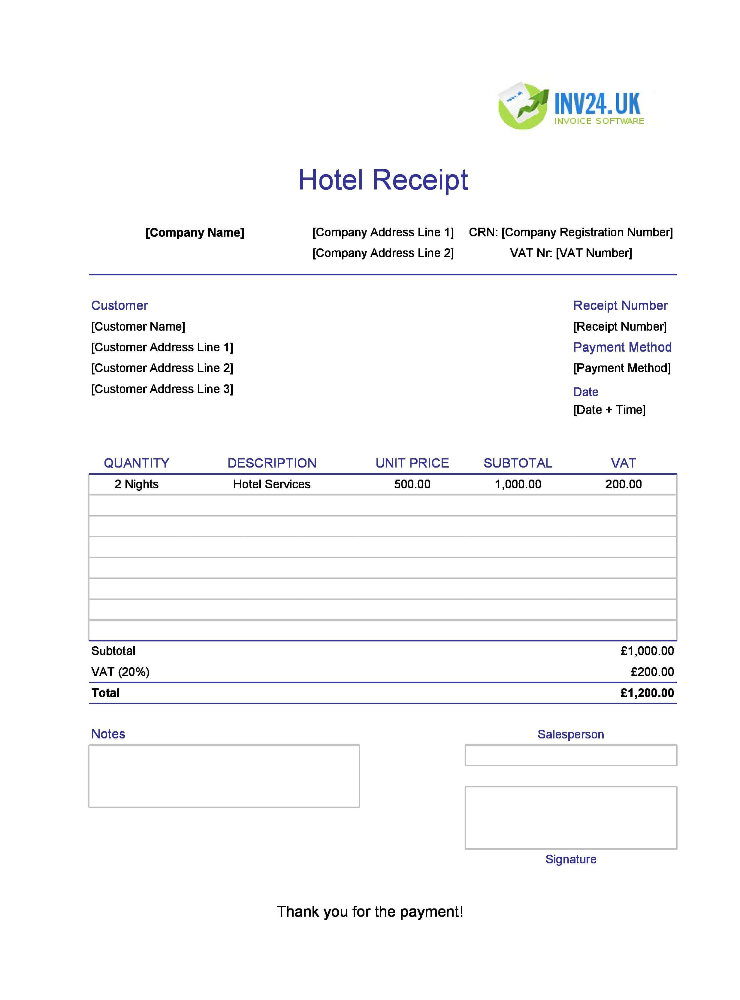 Hotel Receipt Template for UK (Excel / Google Sheets)