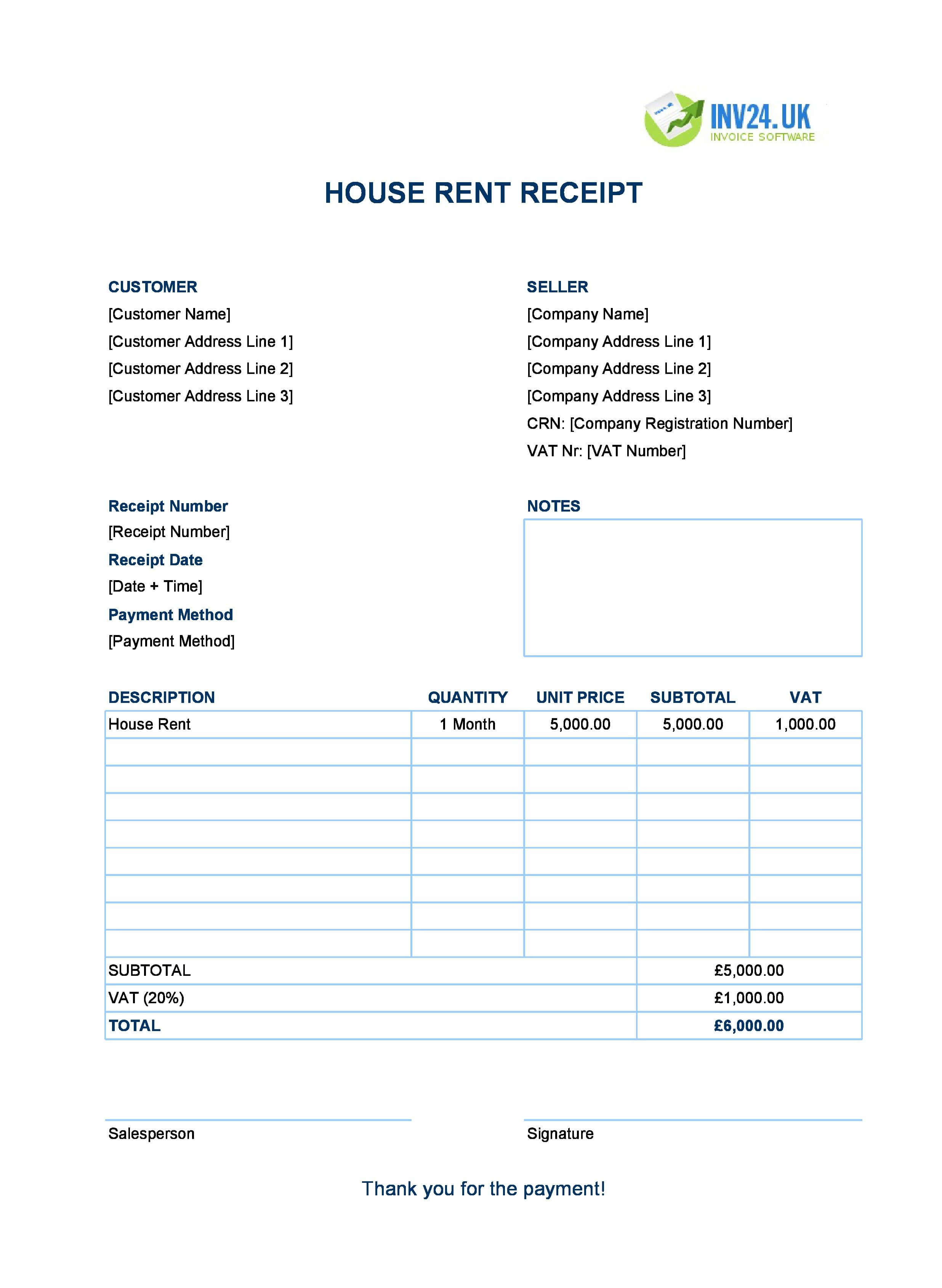 House Rent Receipt Template for UK (Excel / Google Sheets)