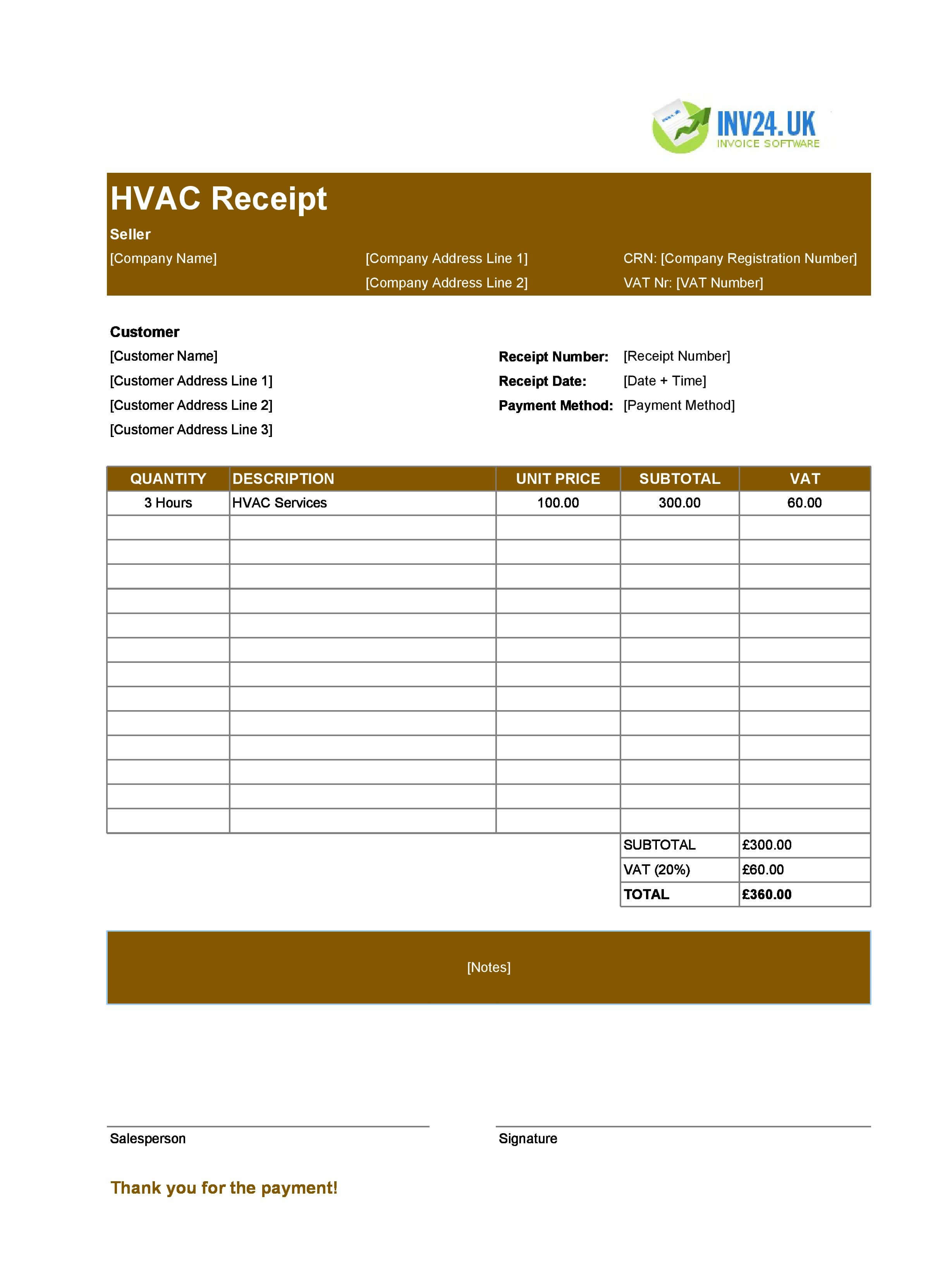HVAC Receipt Template for UK (Excel / Google Sheets)
