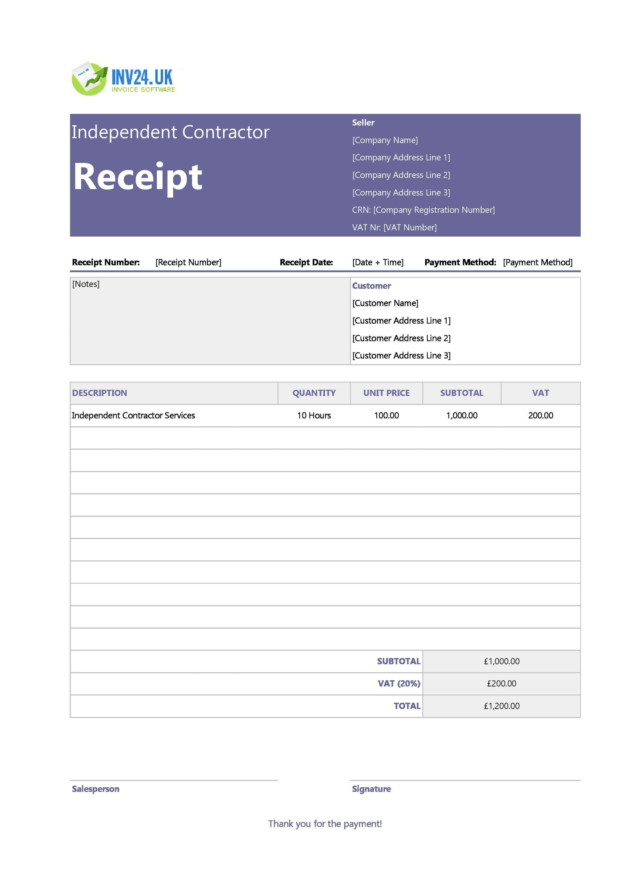 Independent Contractor Receipt Template for UK (Excel / Google Sheets)