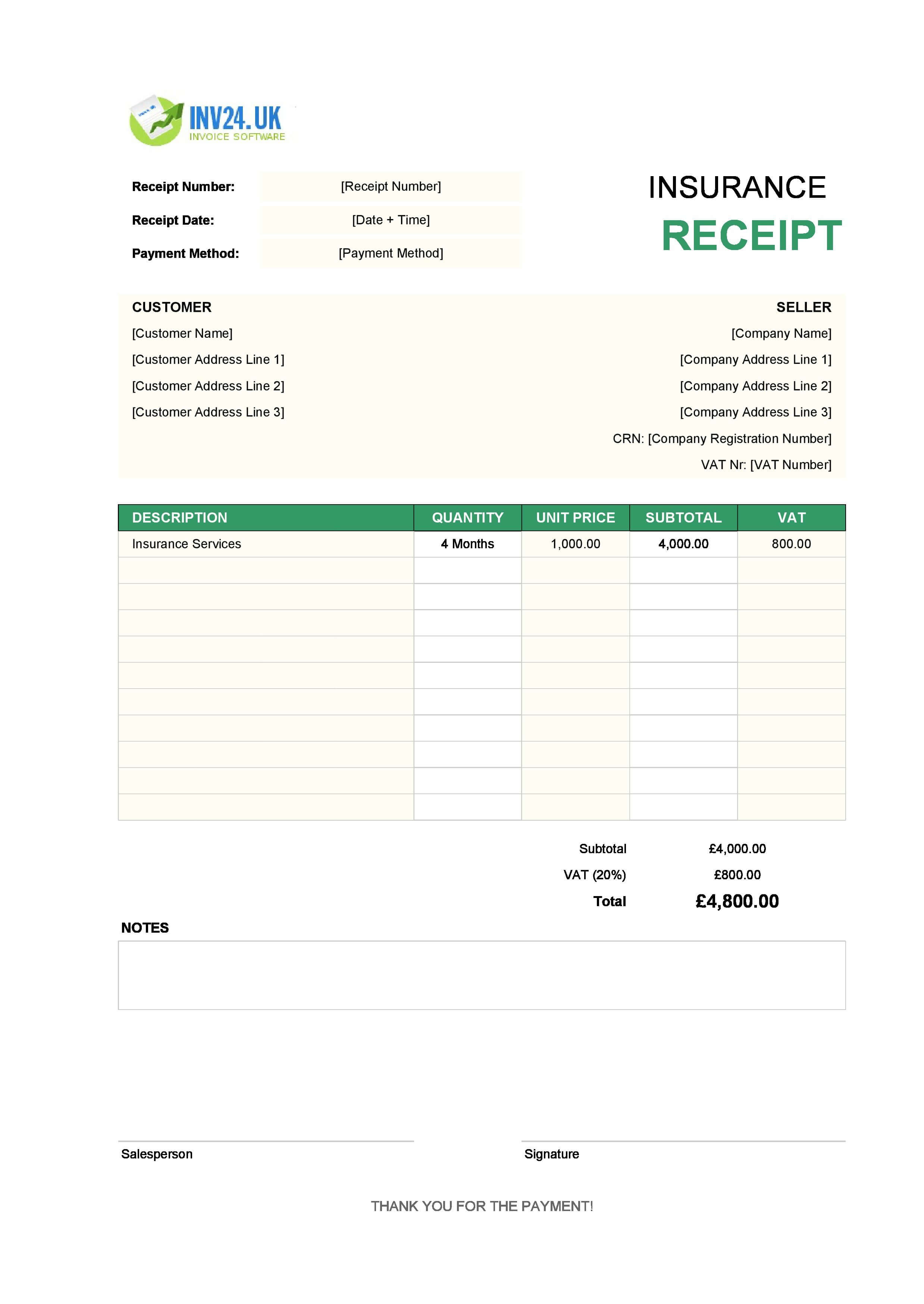 Insurance Receipt Template for UK (Excel / Google Sheets)