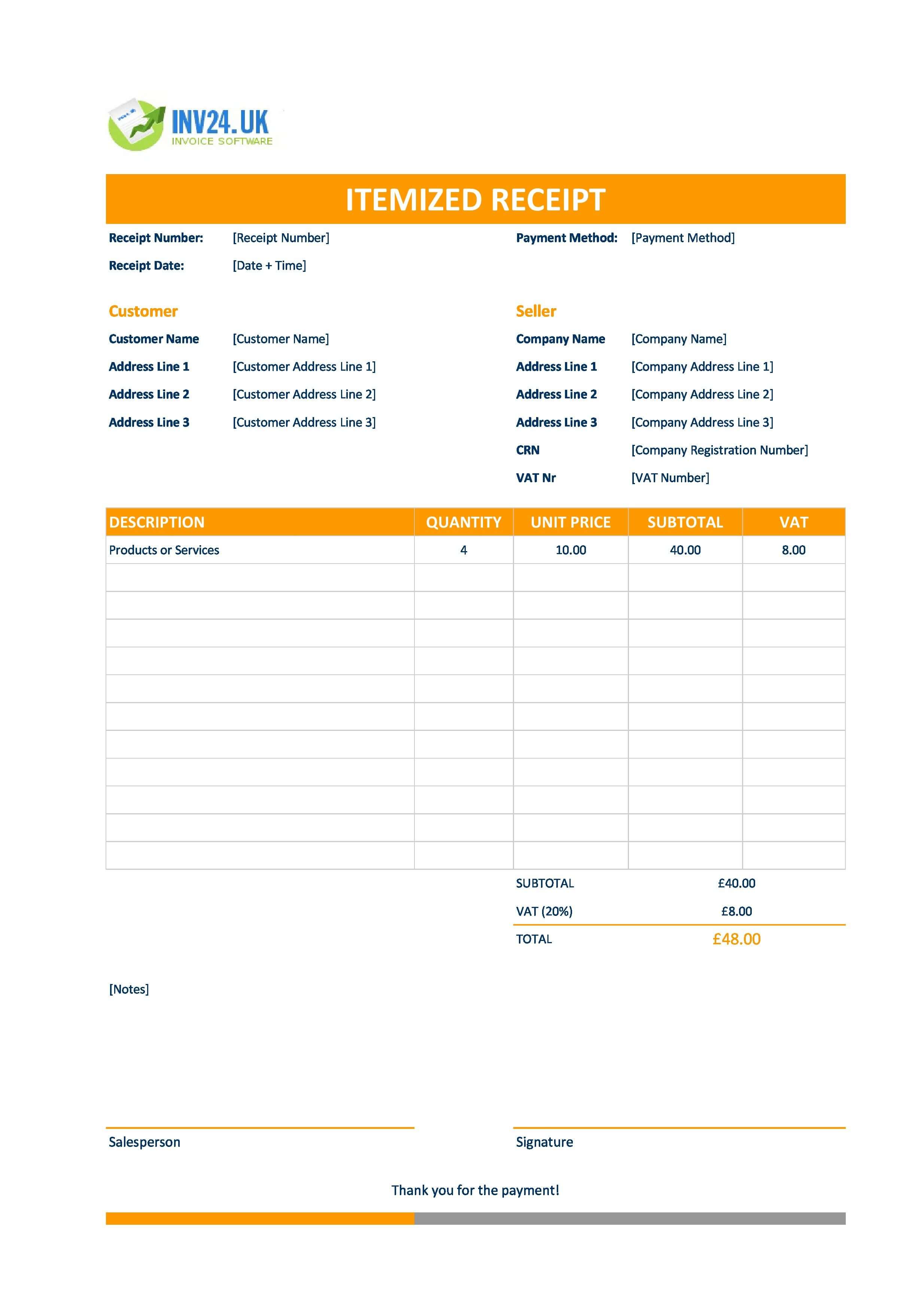 Itemized Receipt Template for UK (Excel / Google Sheets)