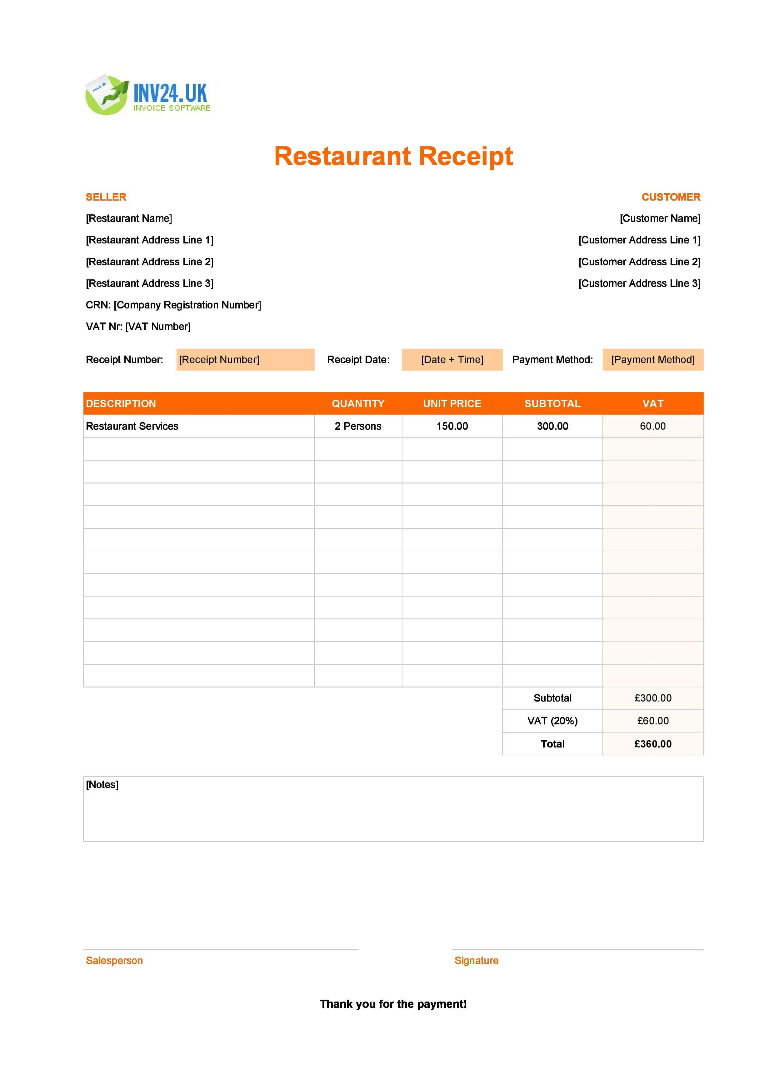 Itemized Restaurant Receipt Template for UK (Excel / Google Sheets)