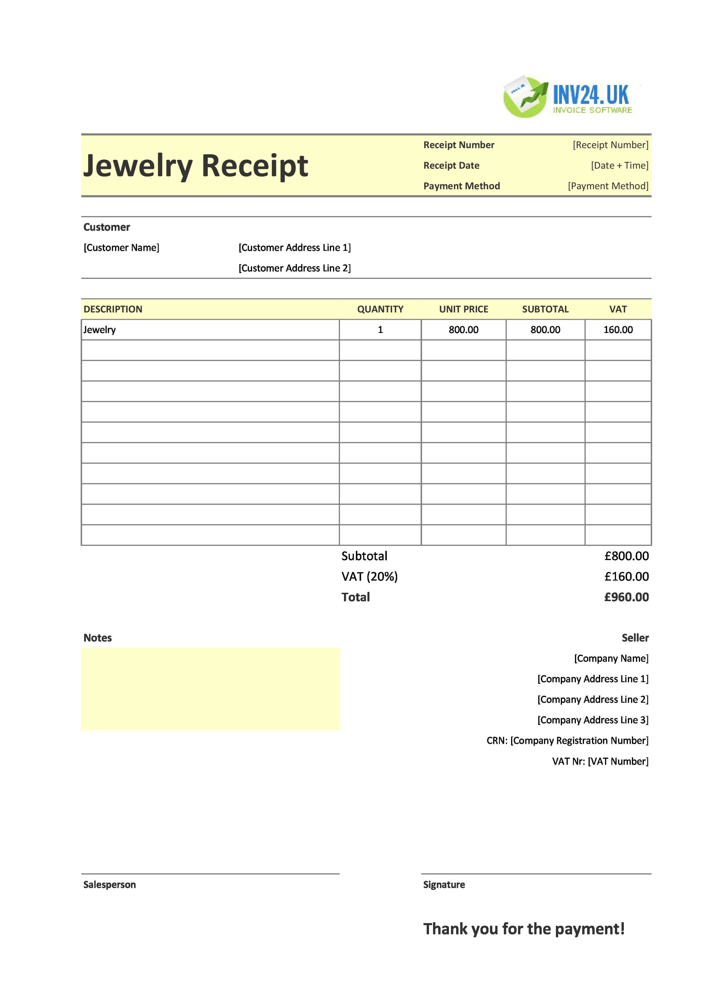 Jewelry Receipt Template for UK (Excel / Google Sheets)