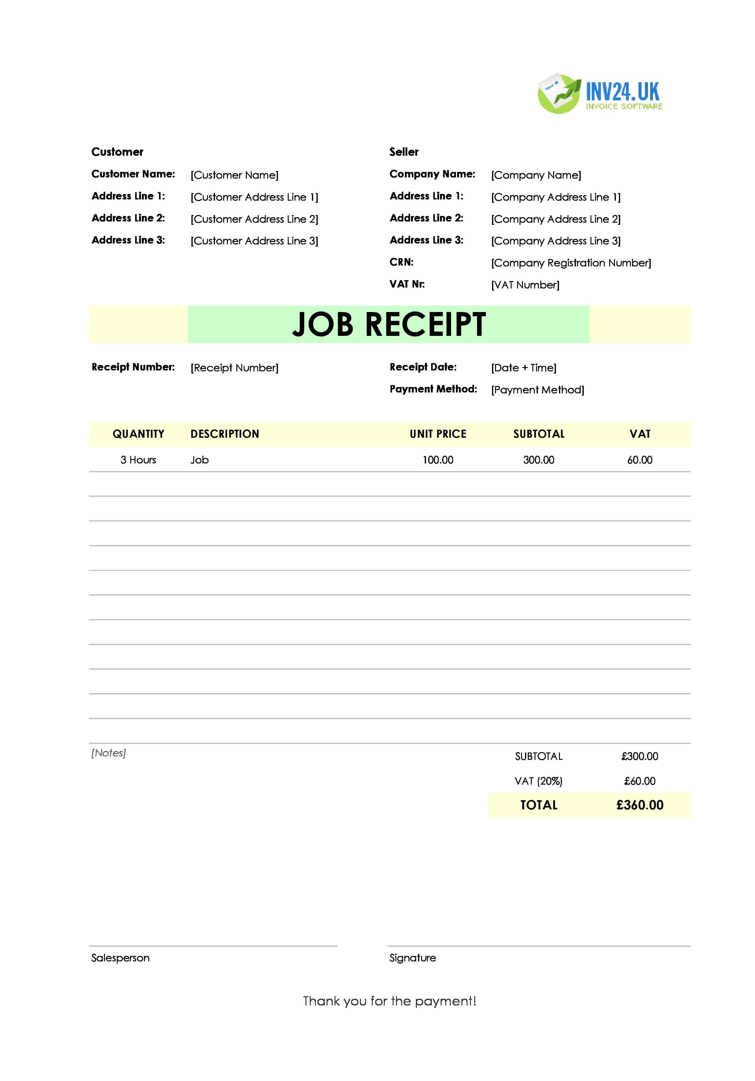 Job Receipt Template for UK (Excel / Google Sheets)