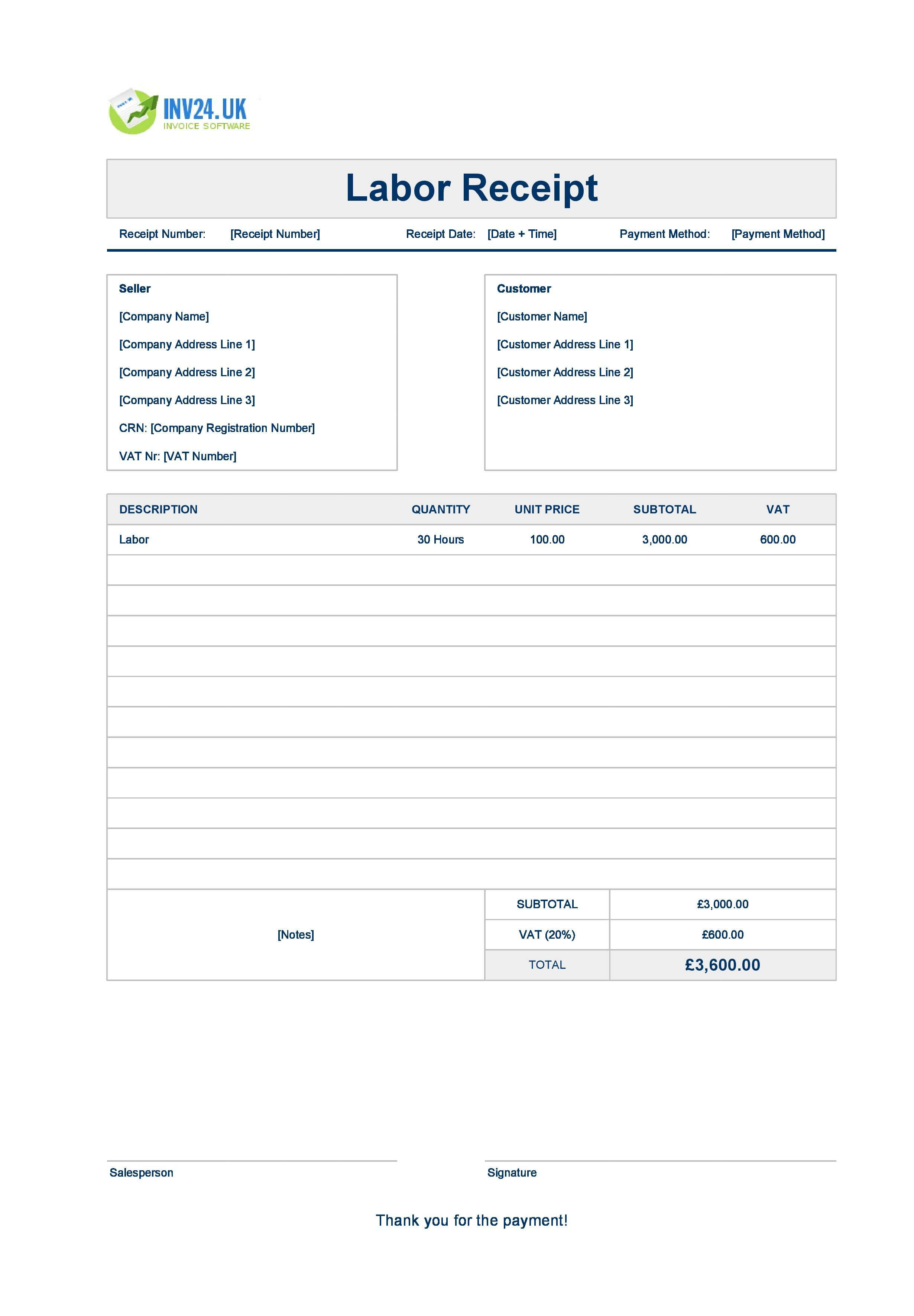 Labor Receipt Template for UK (Excel / Google Sheets)