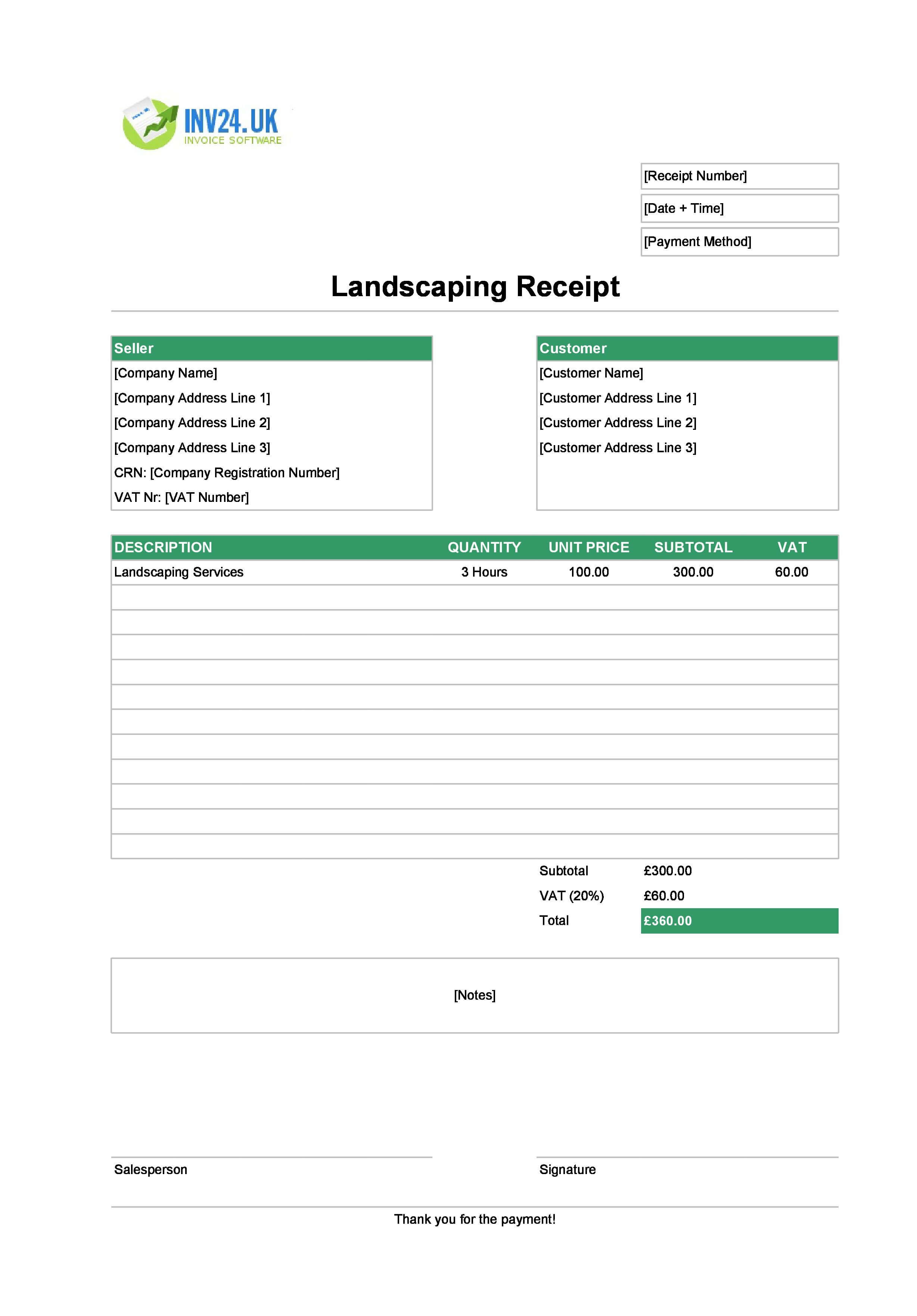 Landscaping Receipt Template for UK (Excel / Google Sheets)