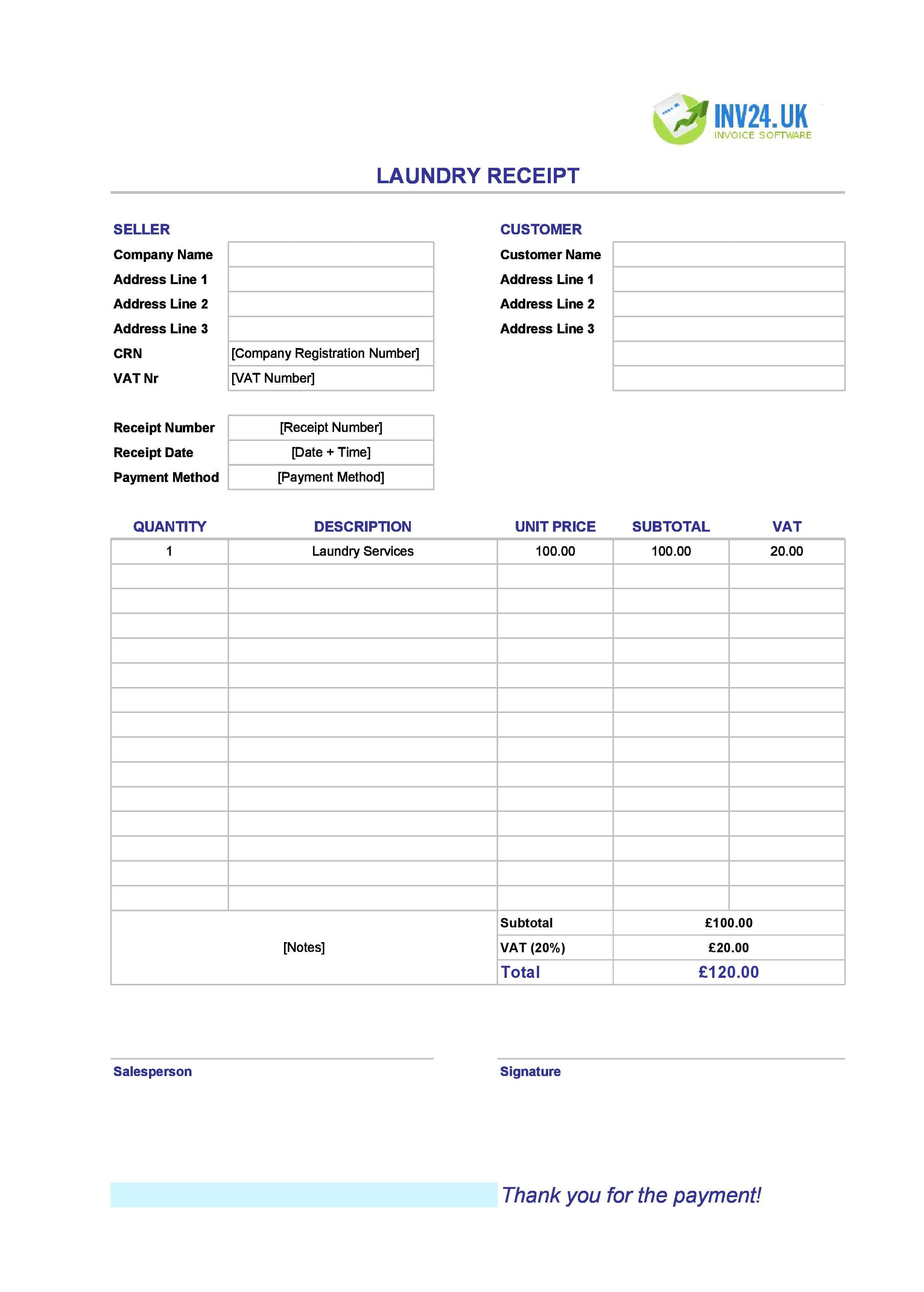 Laundry Receipt Template for UK (Excel / Google Sheets)