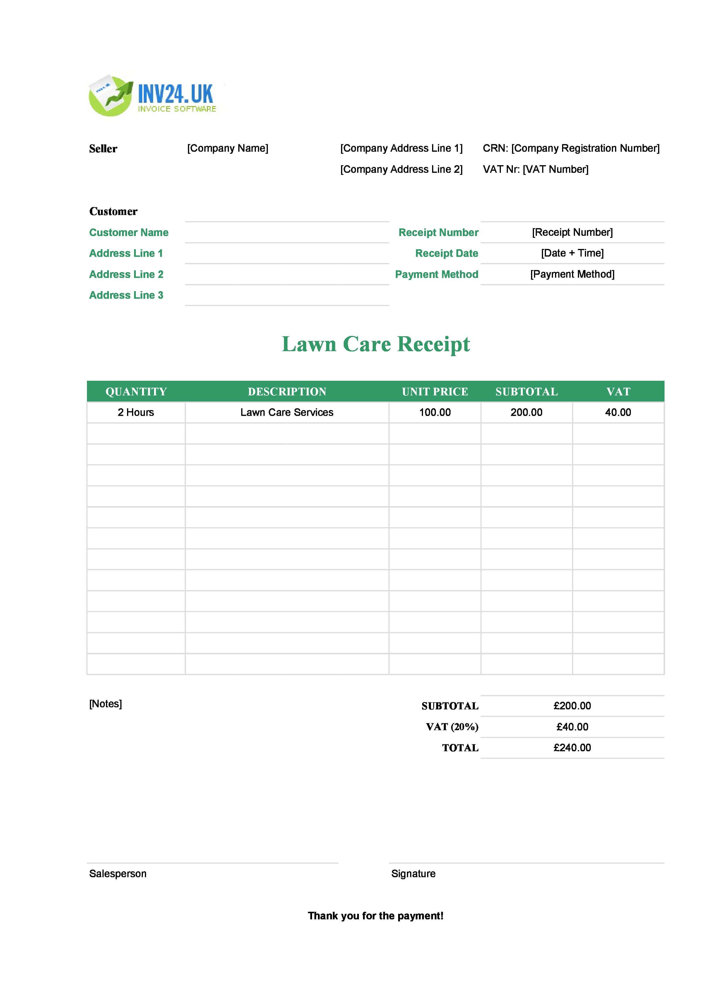 Lawn Care Receipt Template for UK (Excel / Google Sheets)