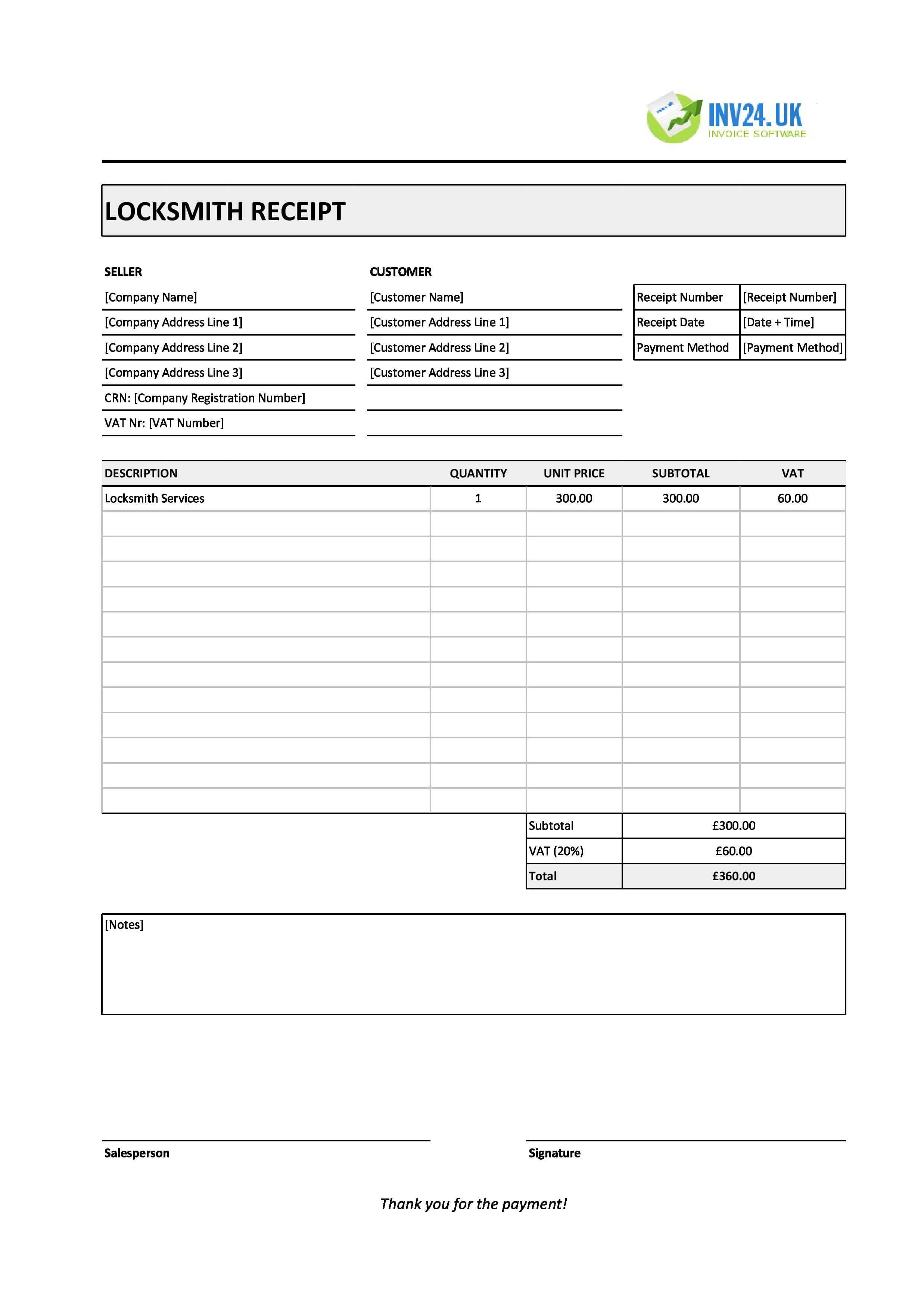 Locksmith Receipt Template for UK (Excel / Google Sheets)