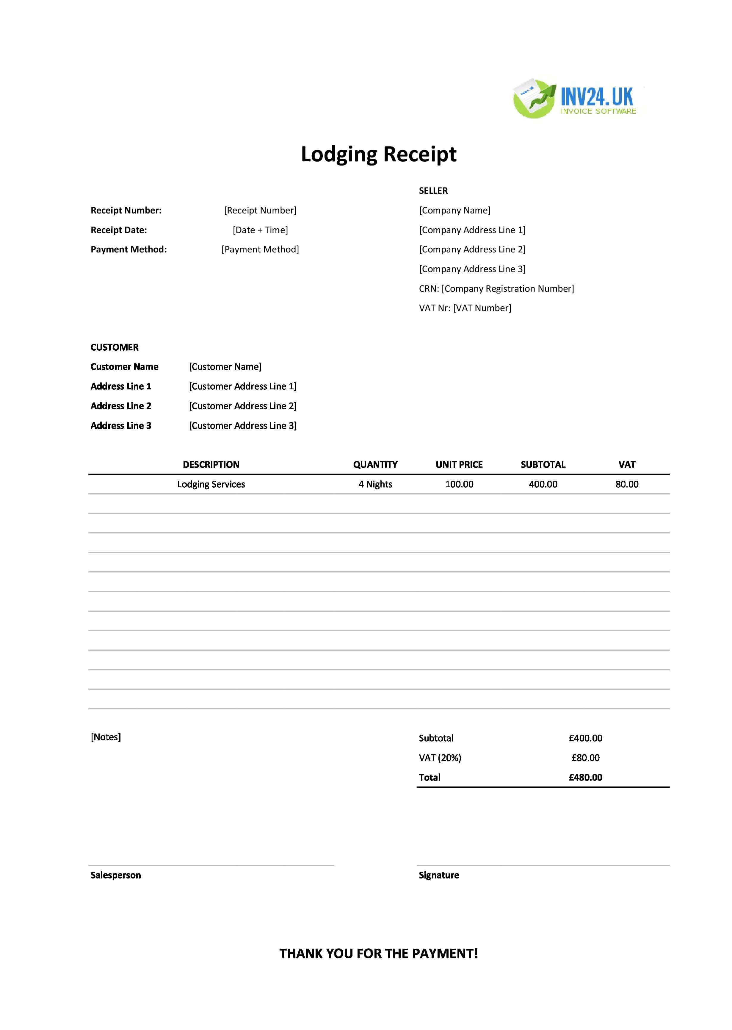 Lodging Receipt Template for UK (Excel / Google Sheets)