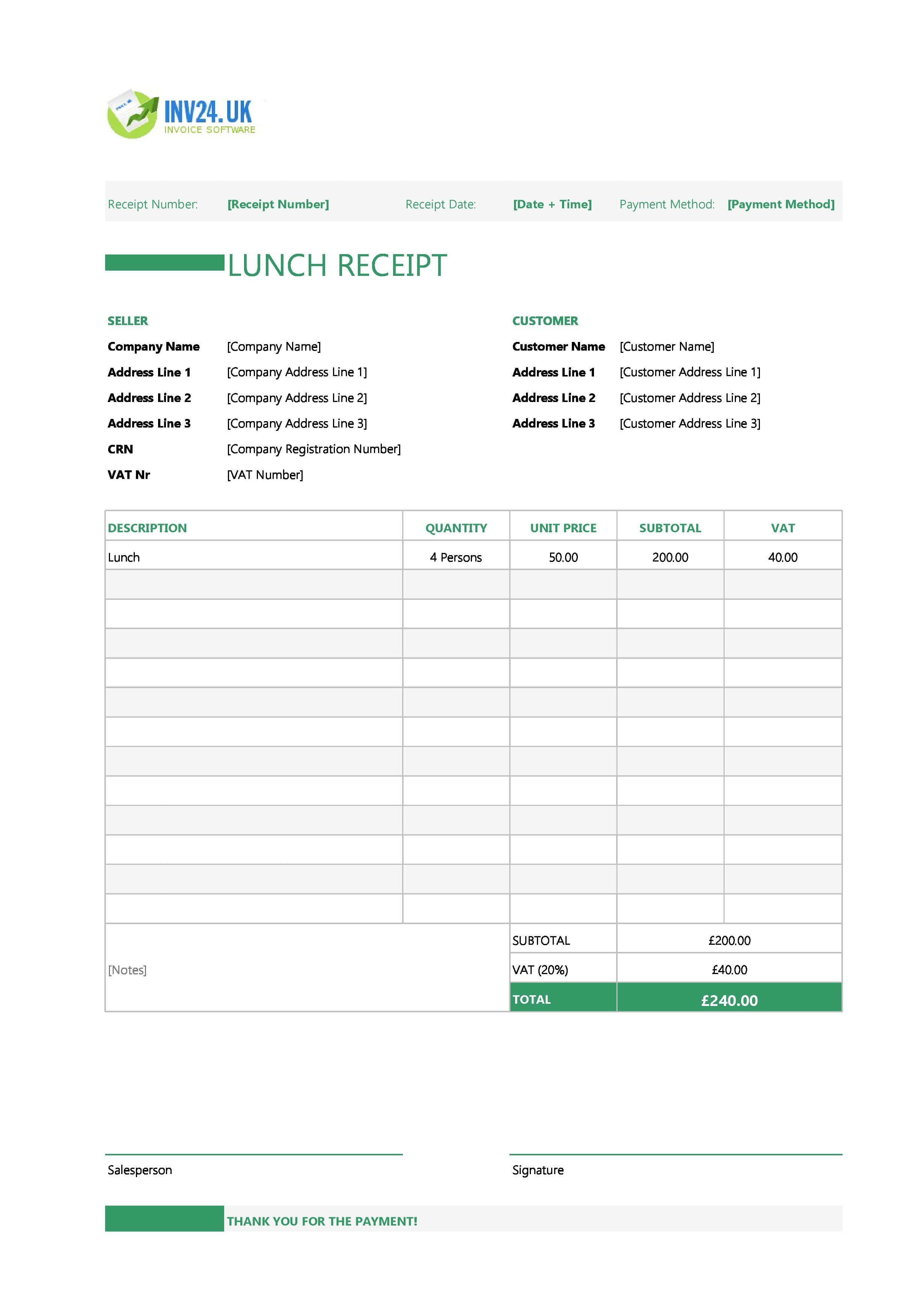 Lunch Receipt Template for UK (Excel / Google Sheets)
