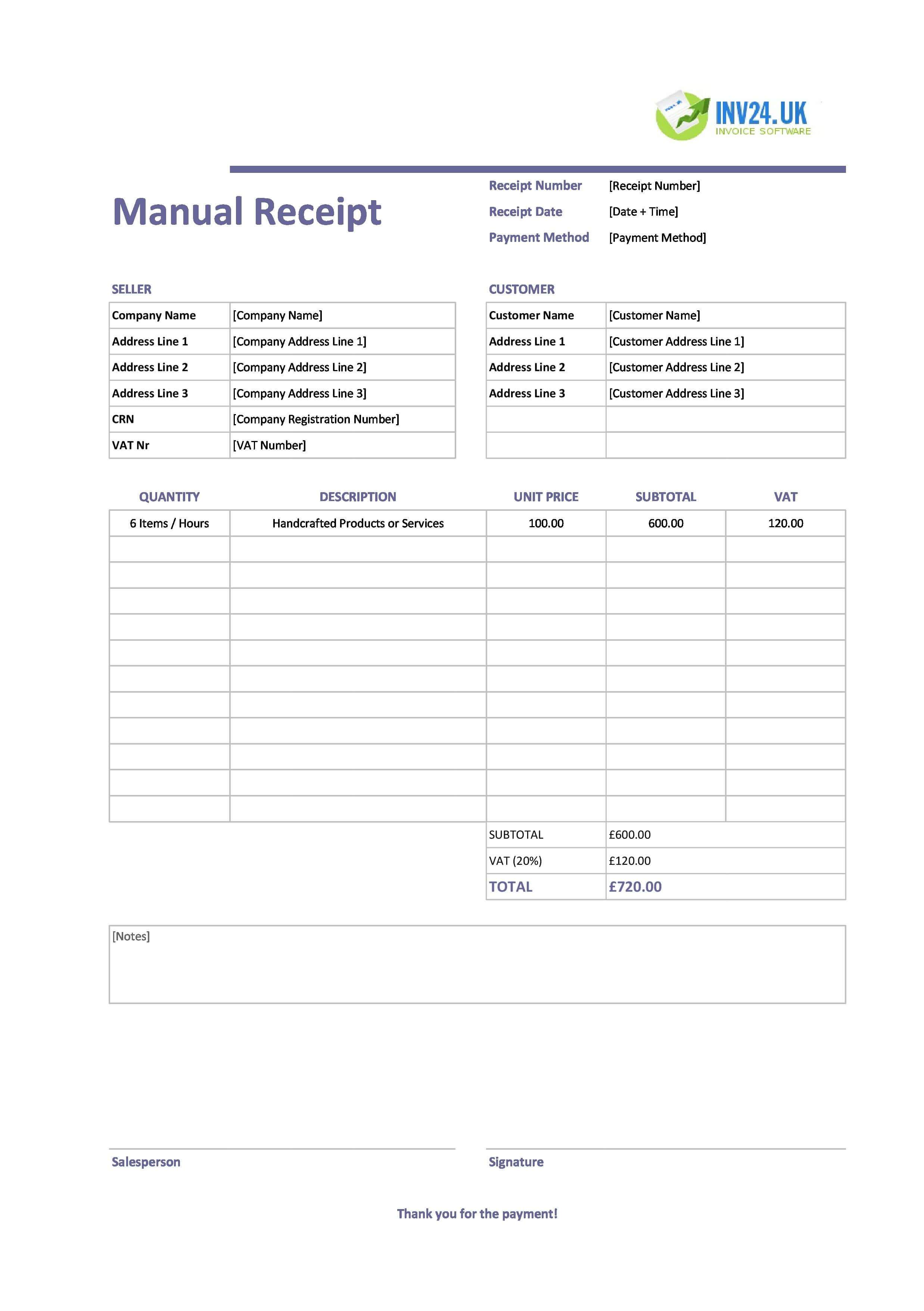 Manual Receipt Template for UK (Excel / Google Sheets)