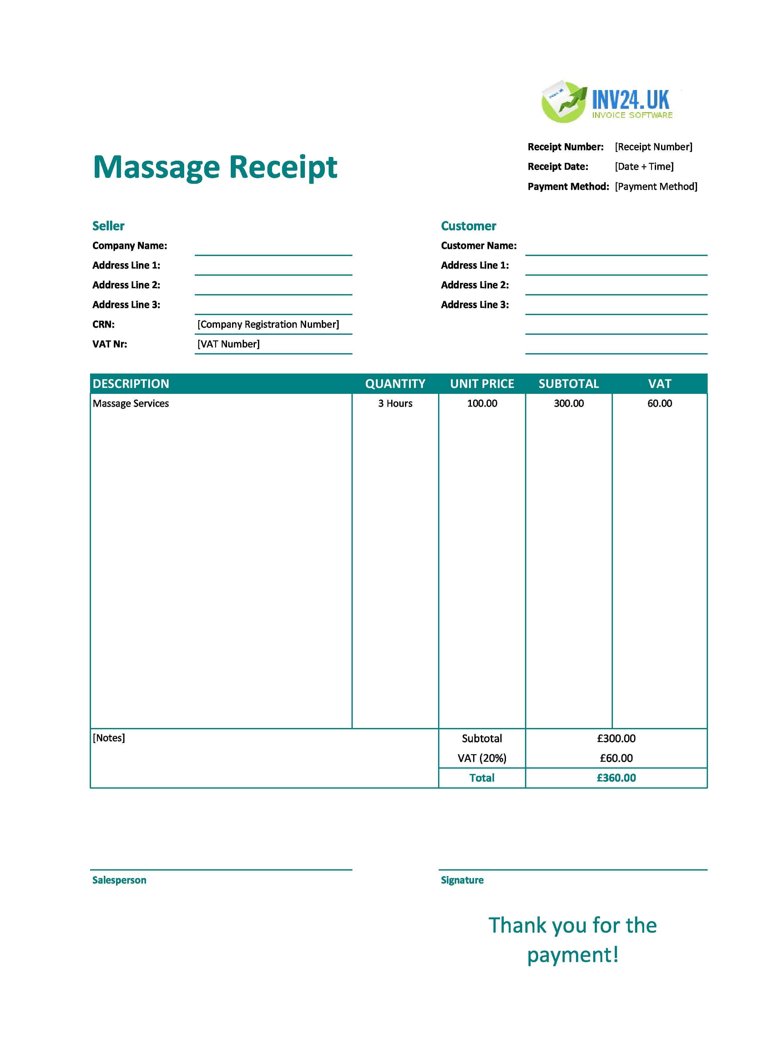 Massage Receipt Template for UK (Excel / Google Sheets)