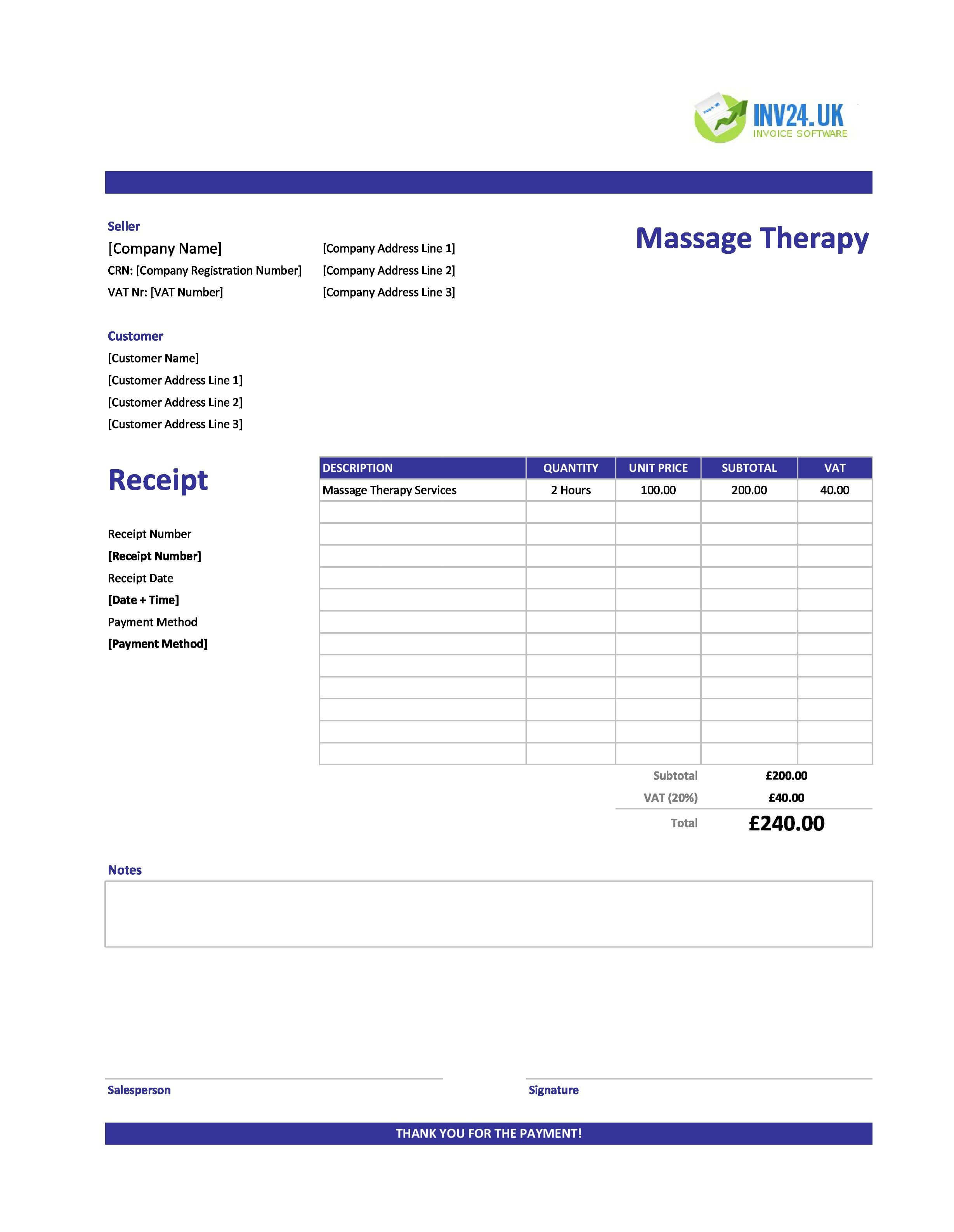 Massage Therapy Receipt Template for UK (Excel / Google Sheets)