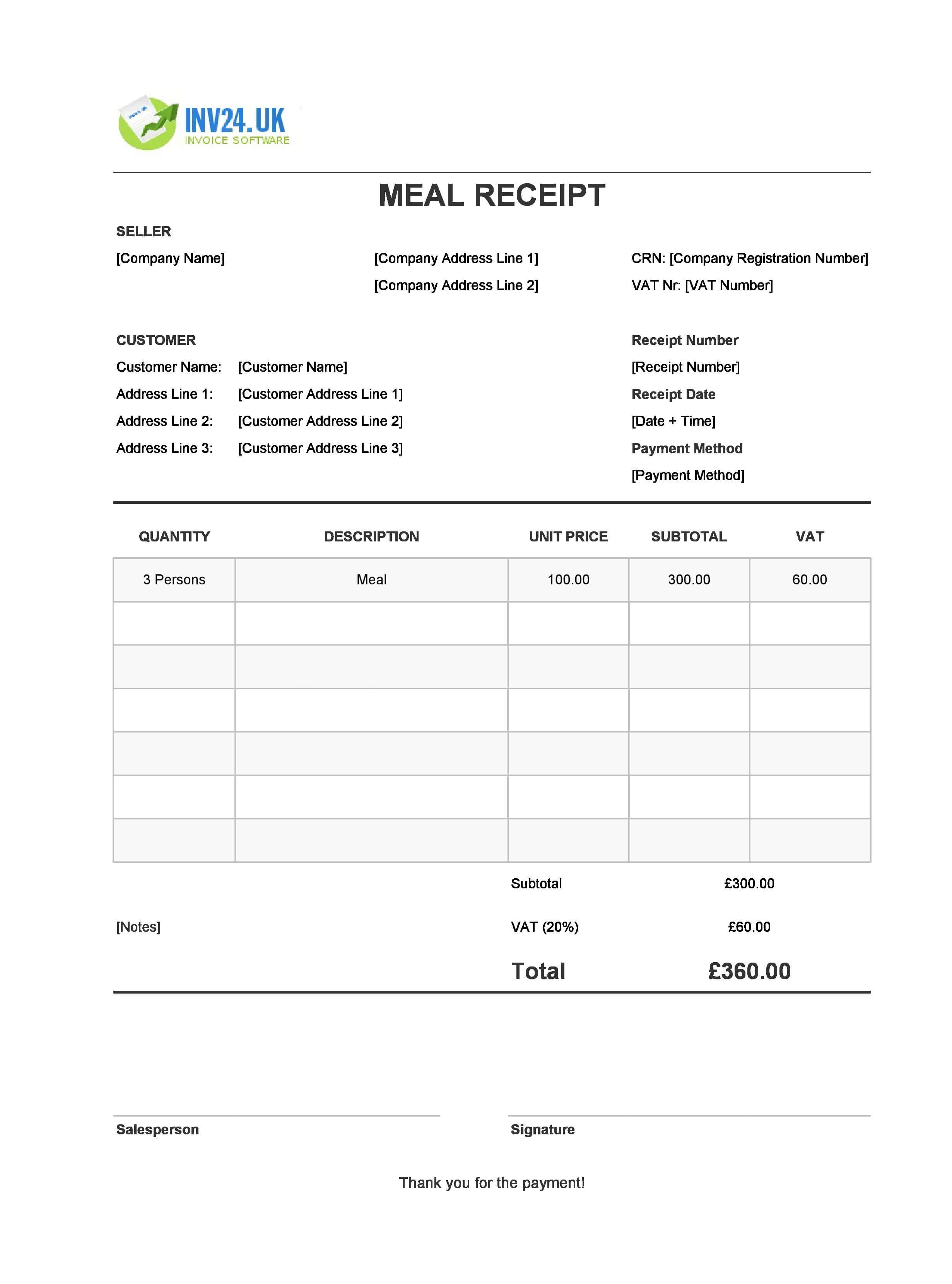 Meal Receipt Template for UK (Excel / Google Sheets)