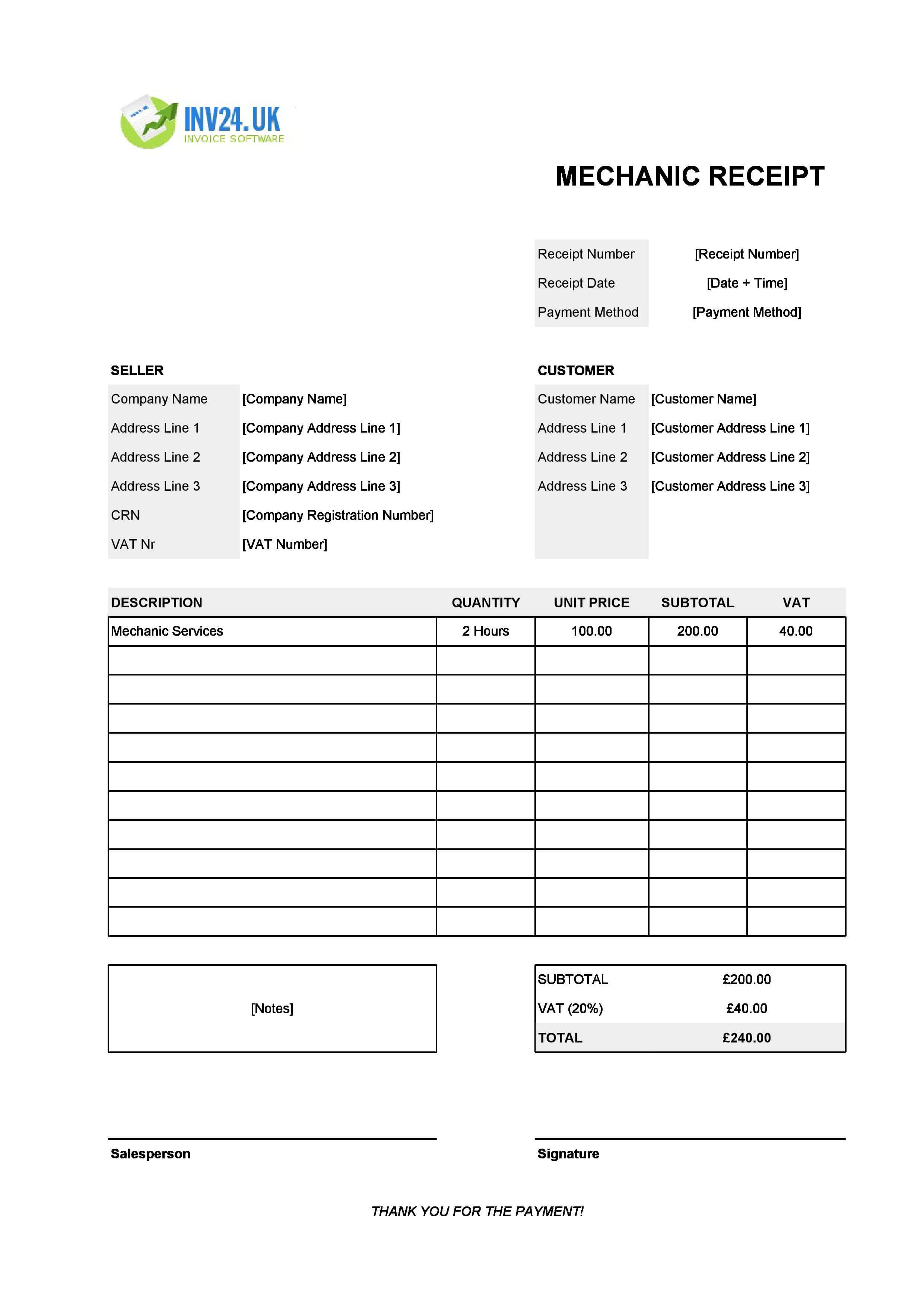 Mechanic Receipt Template for UK (Excel / Google Sheets)