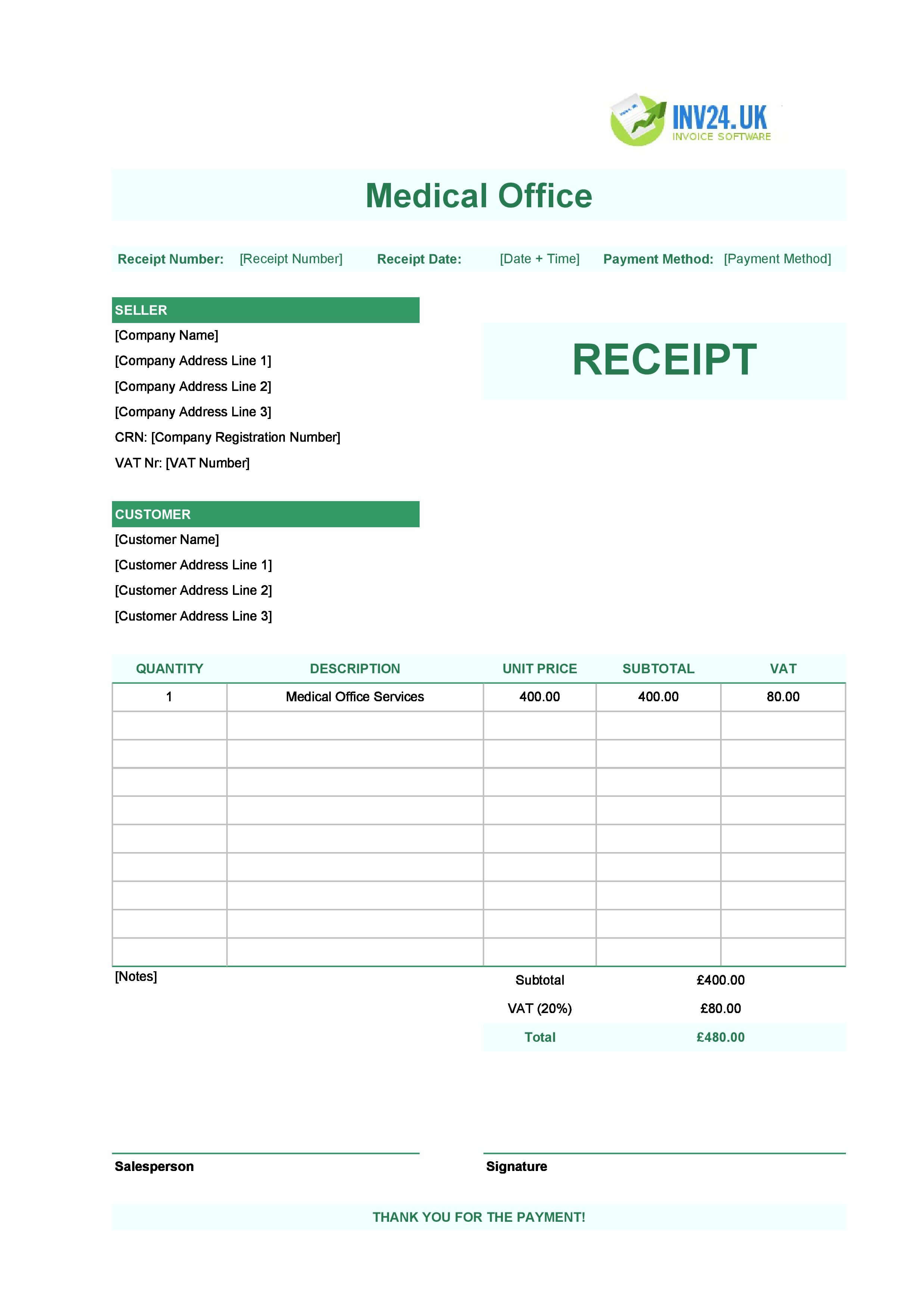 Medical Office Receipt Template for UK (Excel / Google Sheets)
