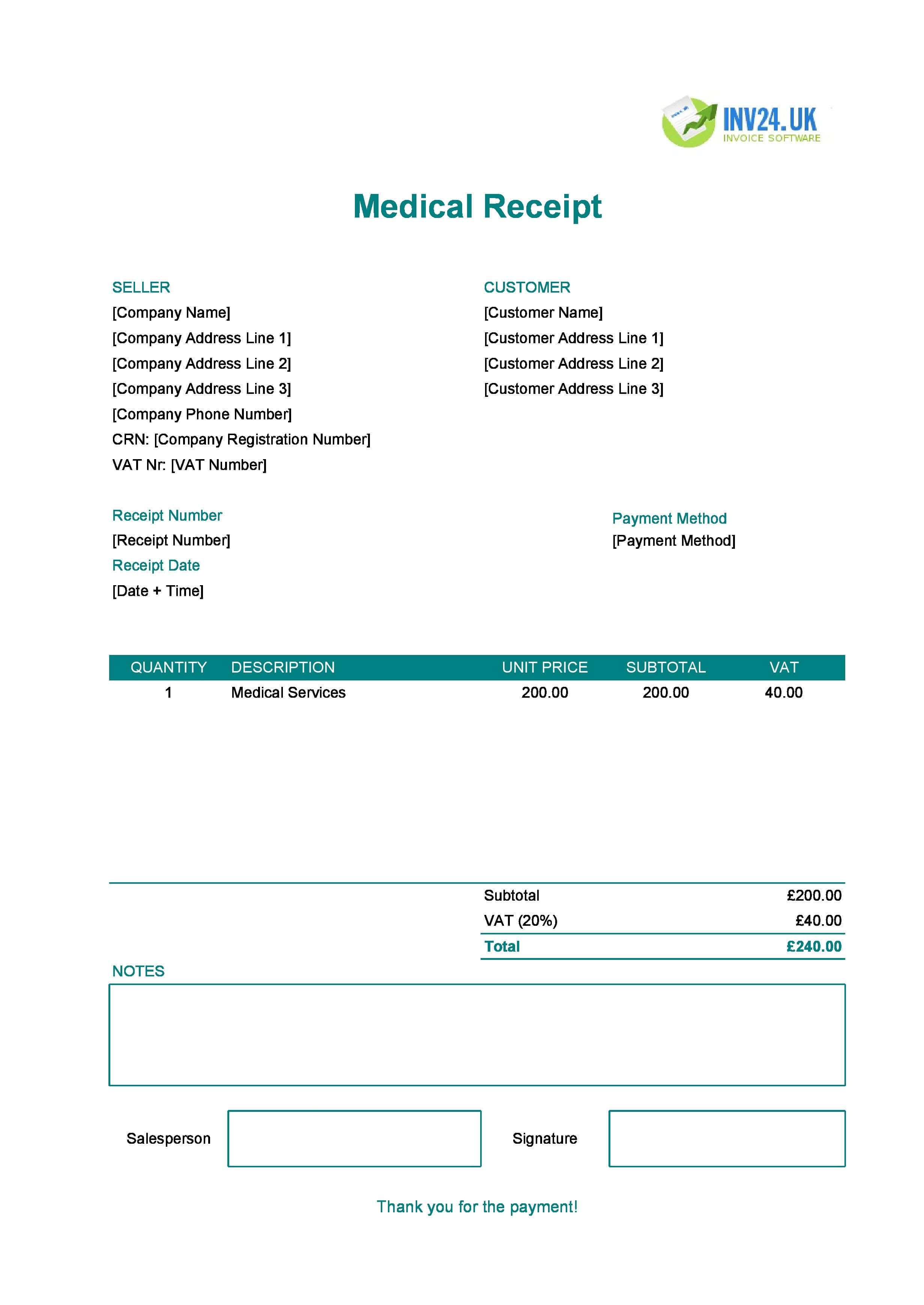 Medical Receipt Template for UK (Excel / Google Sheets)