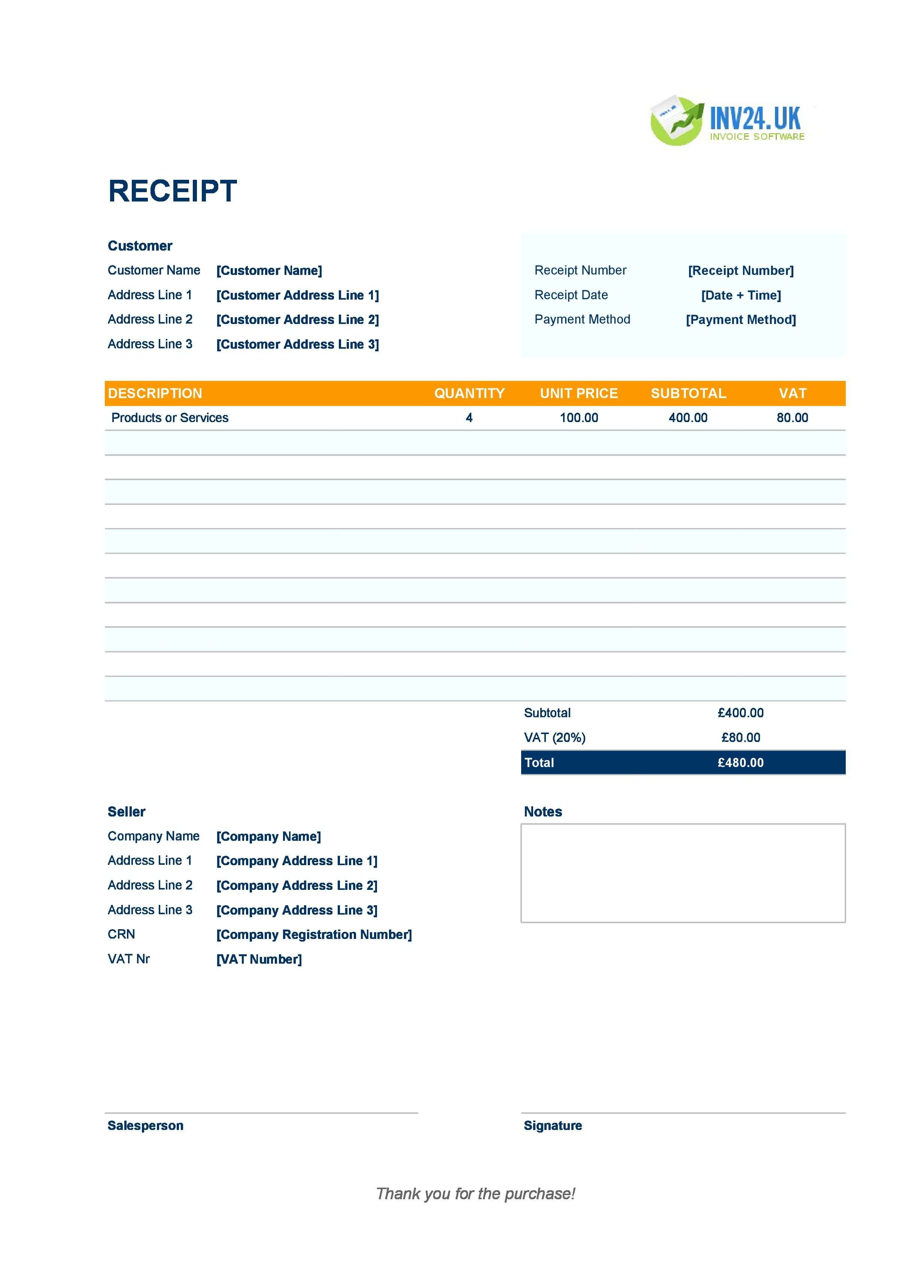 Modern Receipt Template for UK (Excel / Google Sheets)