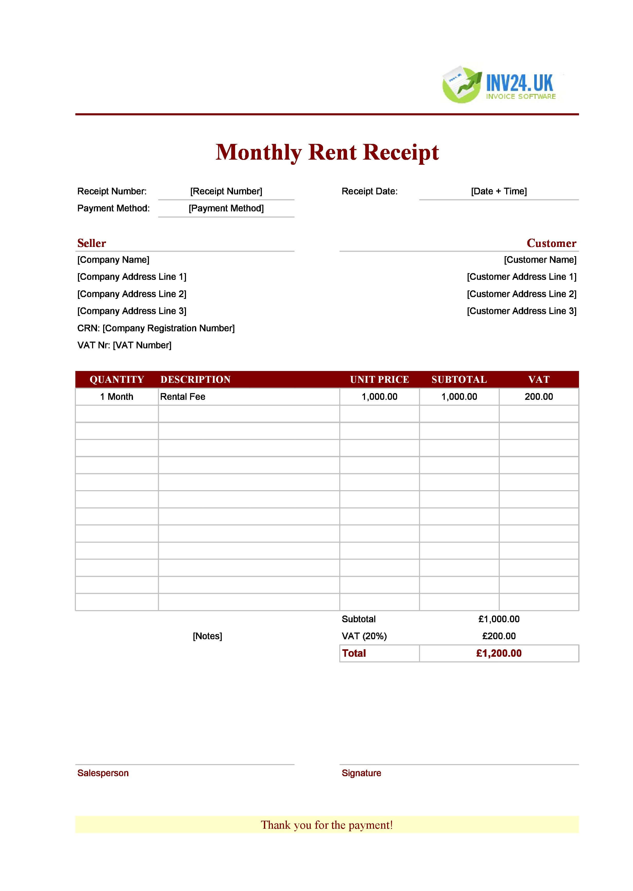 Monthly Rent Receipt Template for UK (Excel / Google Sheets)