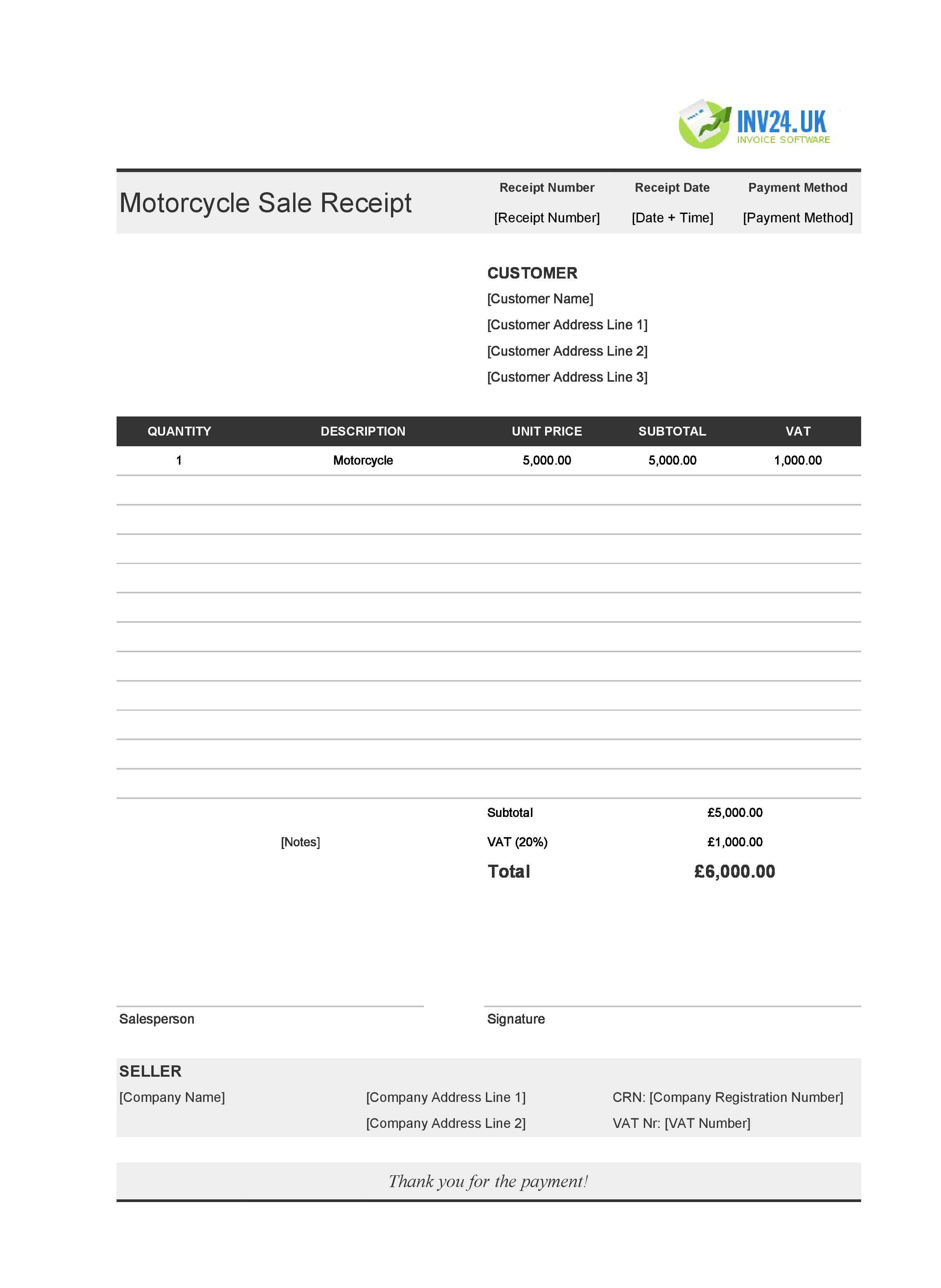 Motorcycle Sale Receipt Template for UK (Excel / Google Sheets)