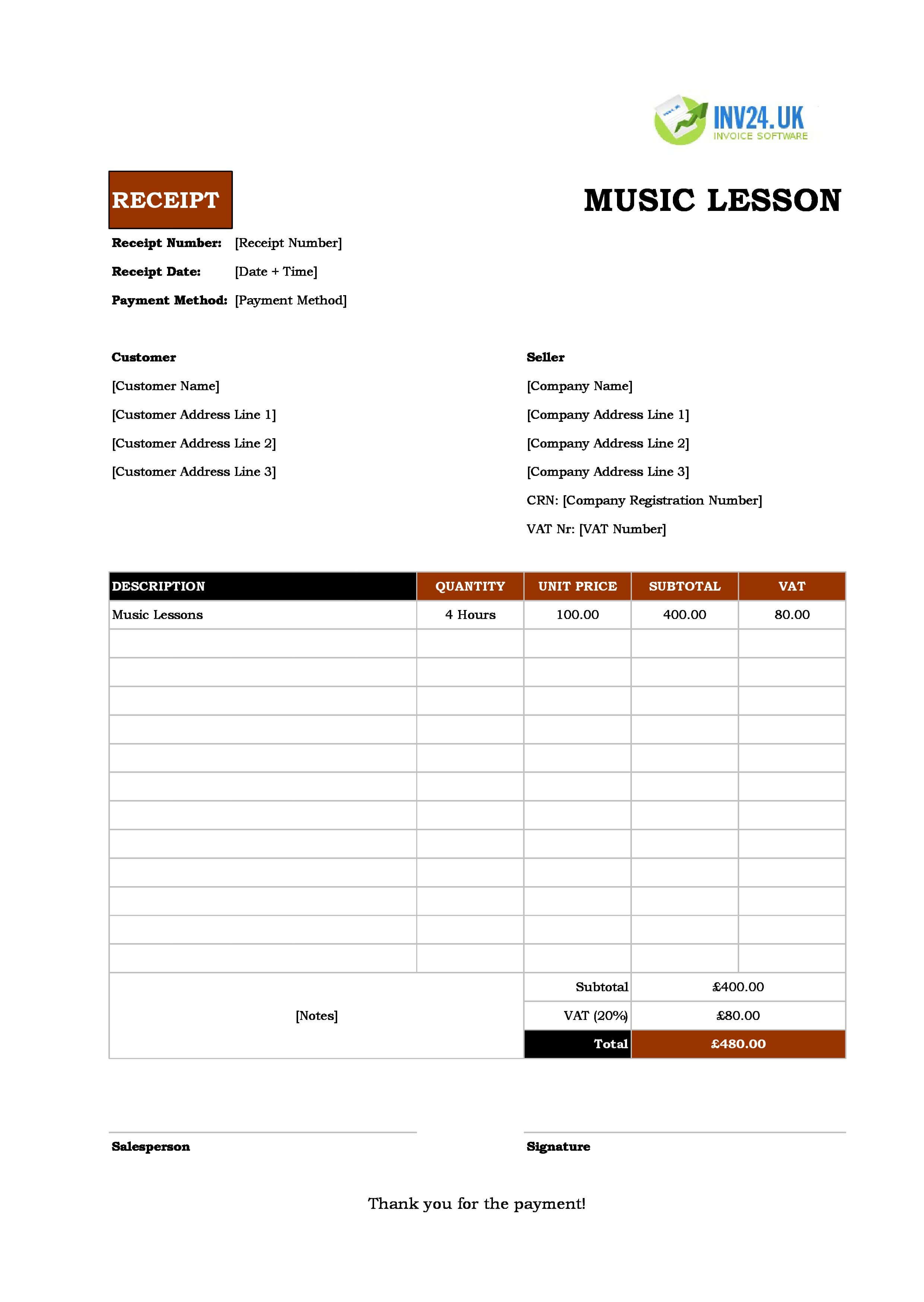 Music Lesson Receipt Template for UK (Excel / Google Sheets)