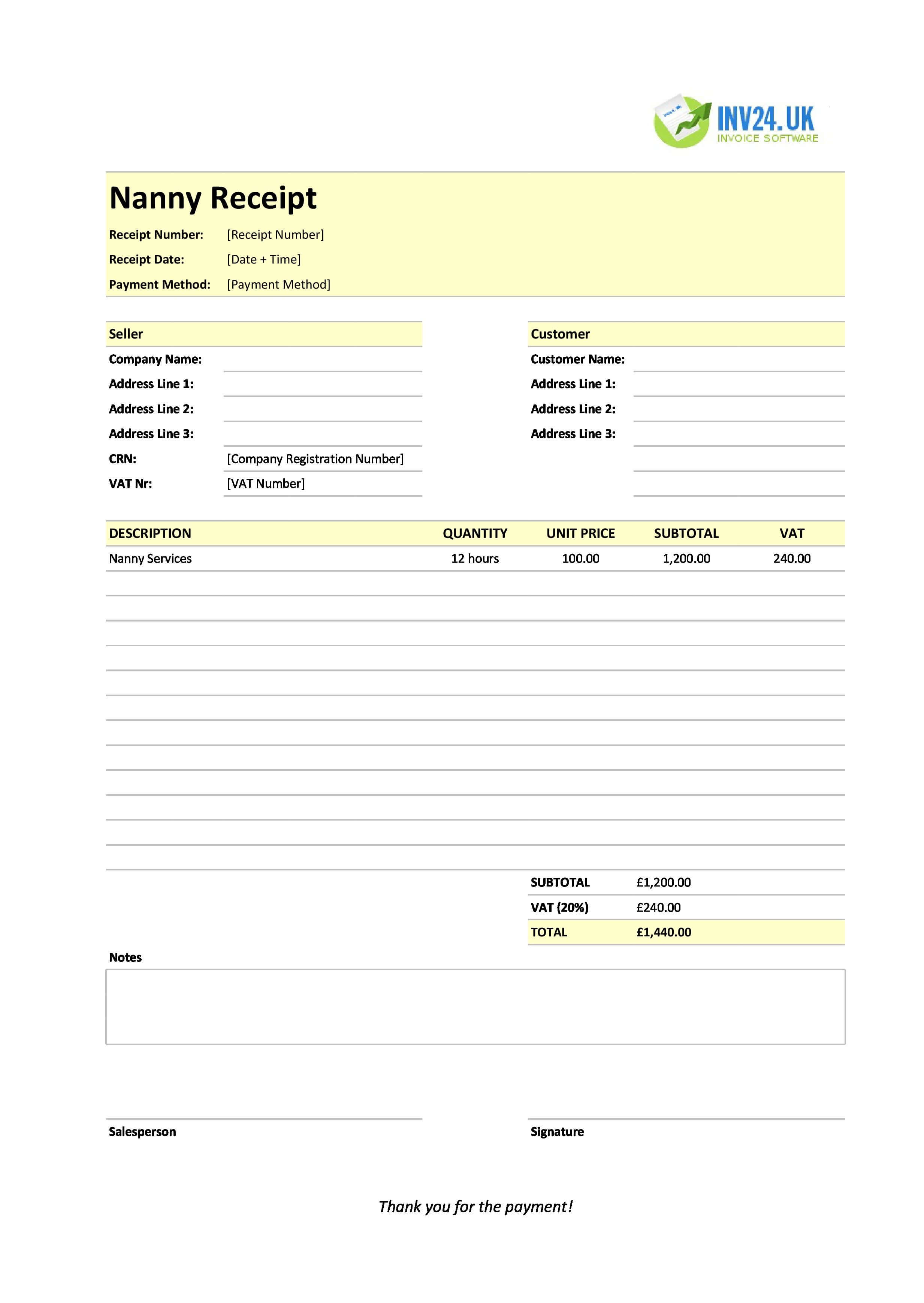 Nanny Receipt Template for UK (Excel / Google Sheets)