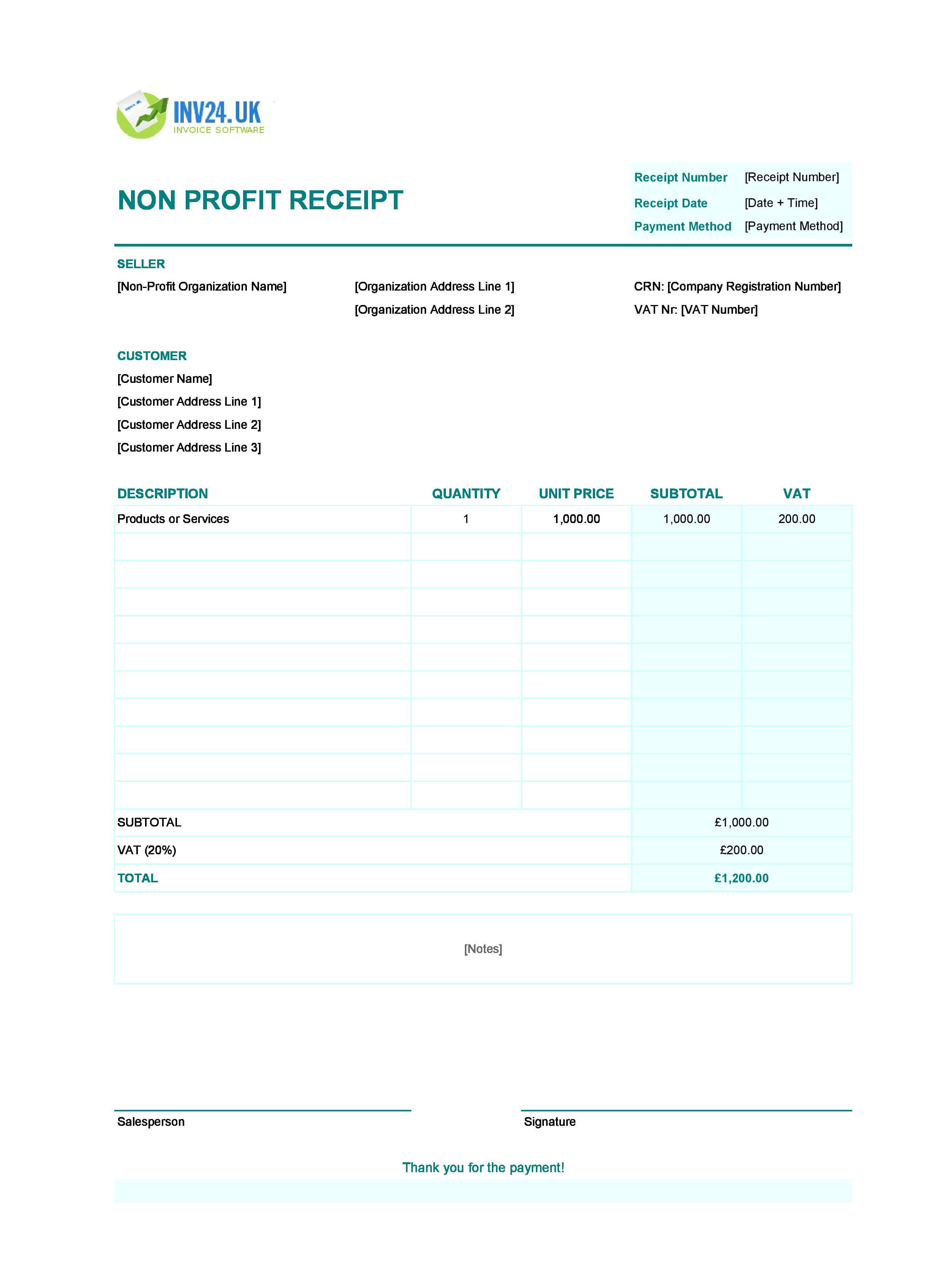 Non-Profit Receipt Template for UK (Excel / Google Sheets)