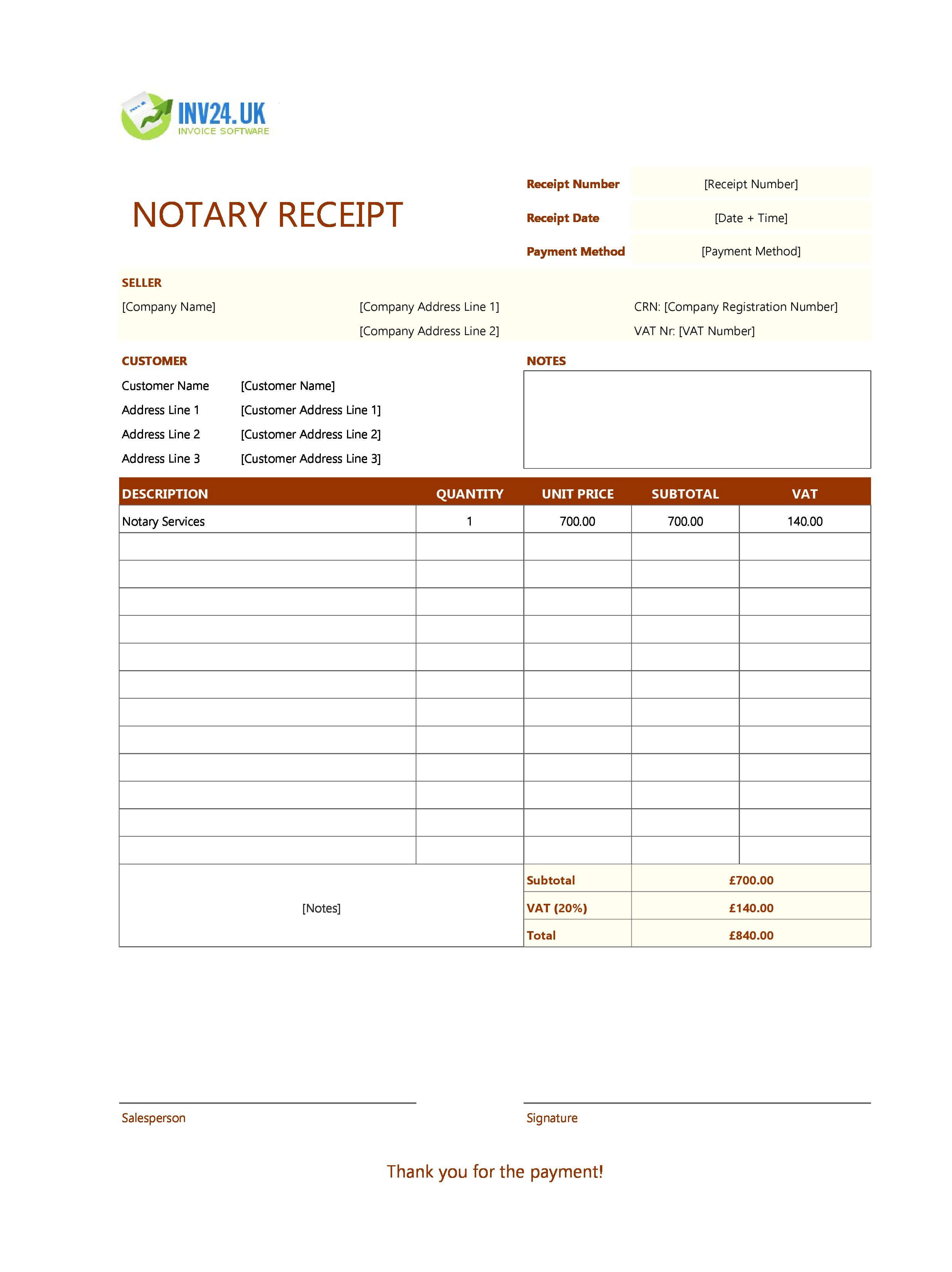 Notary Receipt Template for UK (Excel / Google Sheets)