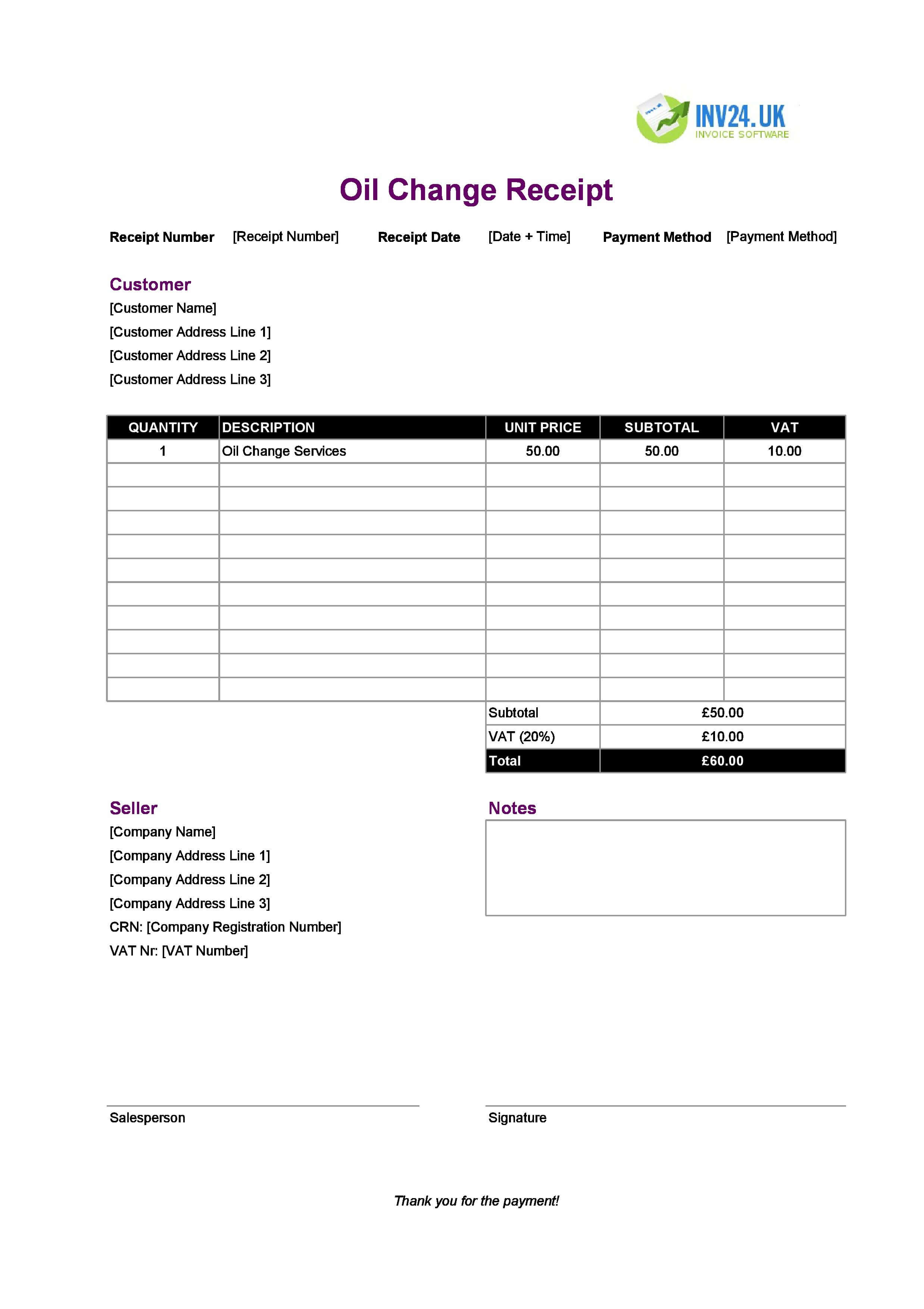Oil Change Receipt Template for UK (Excel / Google Sheets)