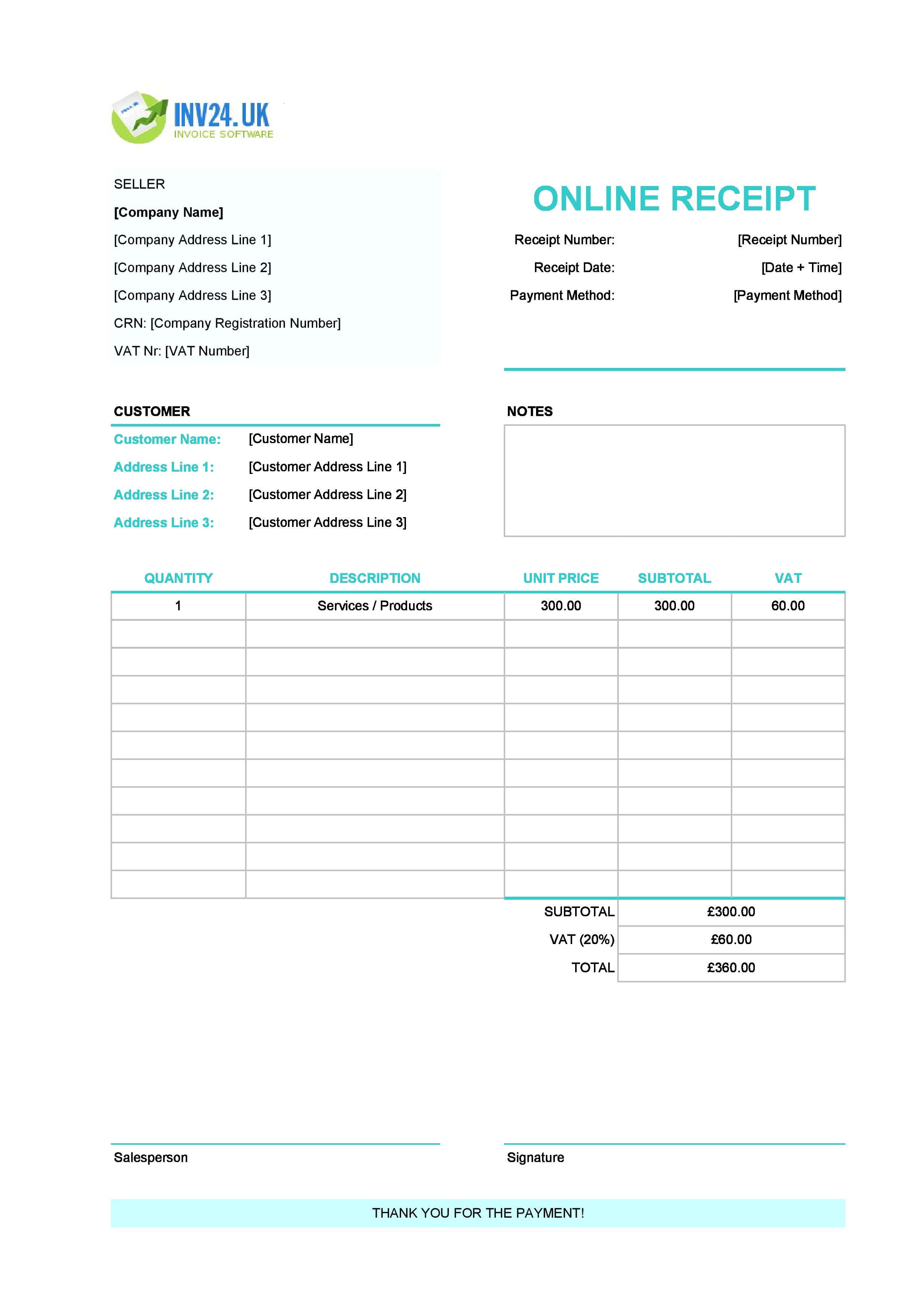 Online Receipt Template for UK (Excel / Google Sheets)