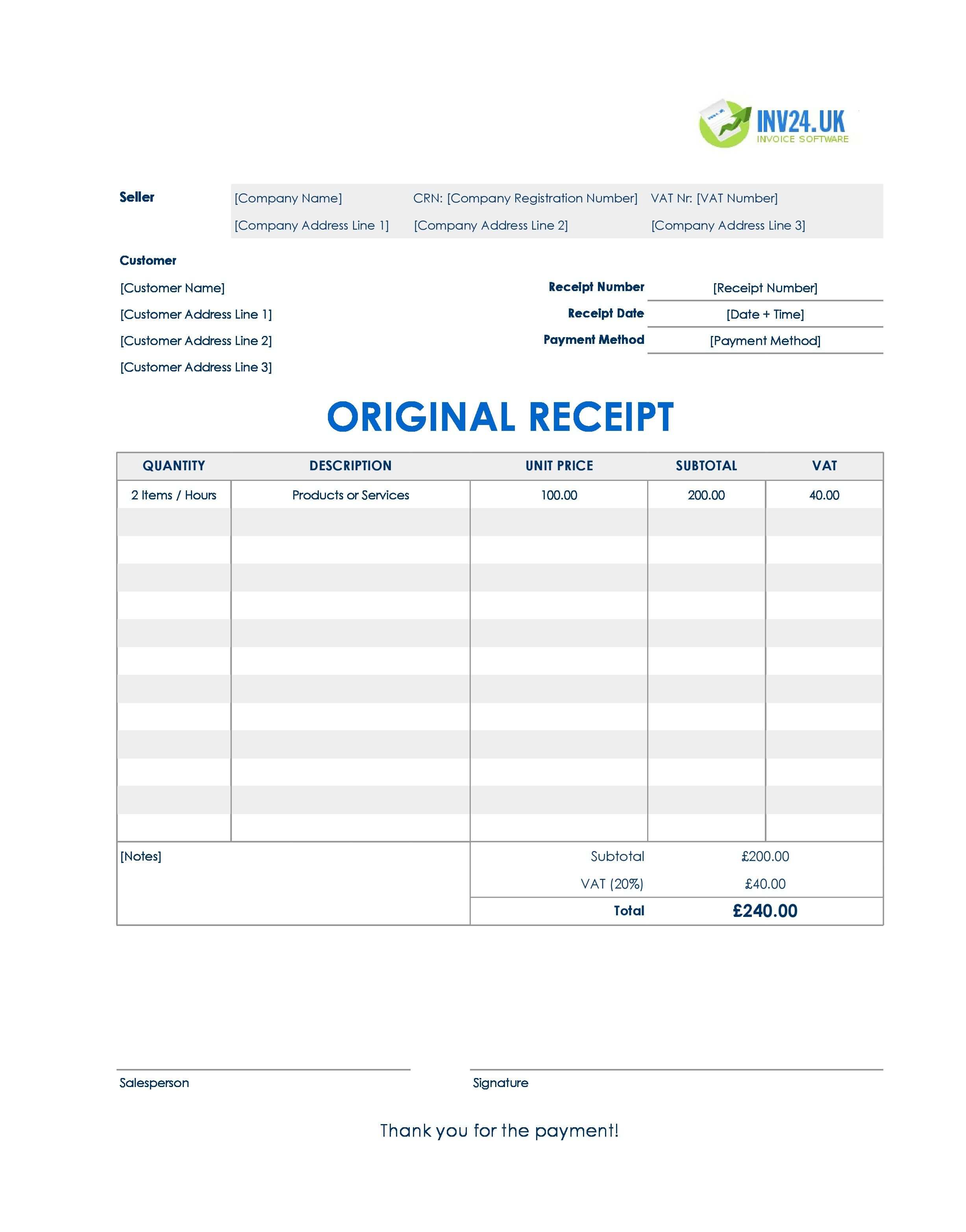 Original Receipt Template for UK (Excel / Google Sheets)