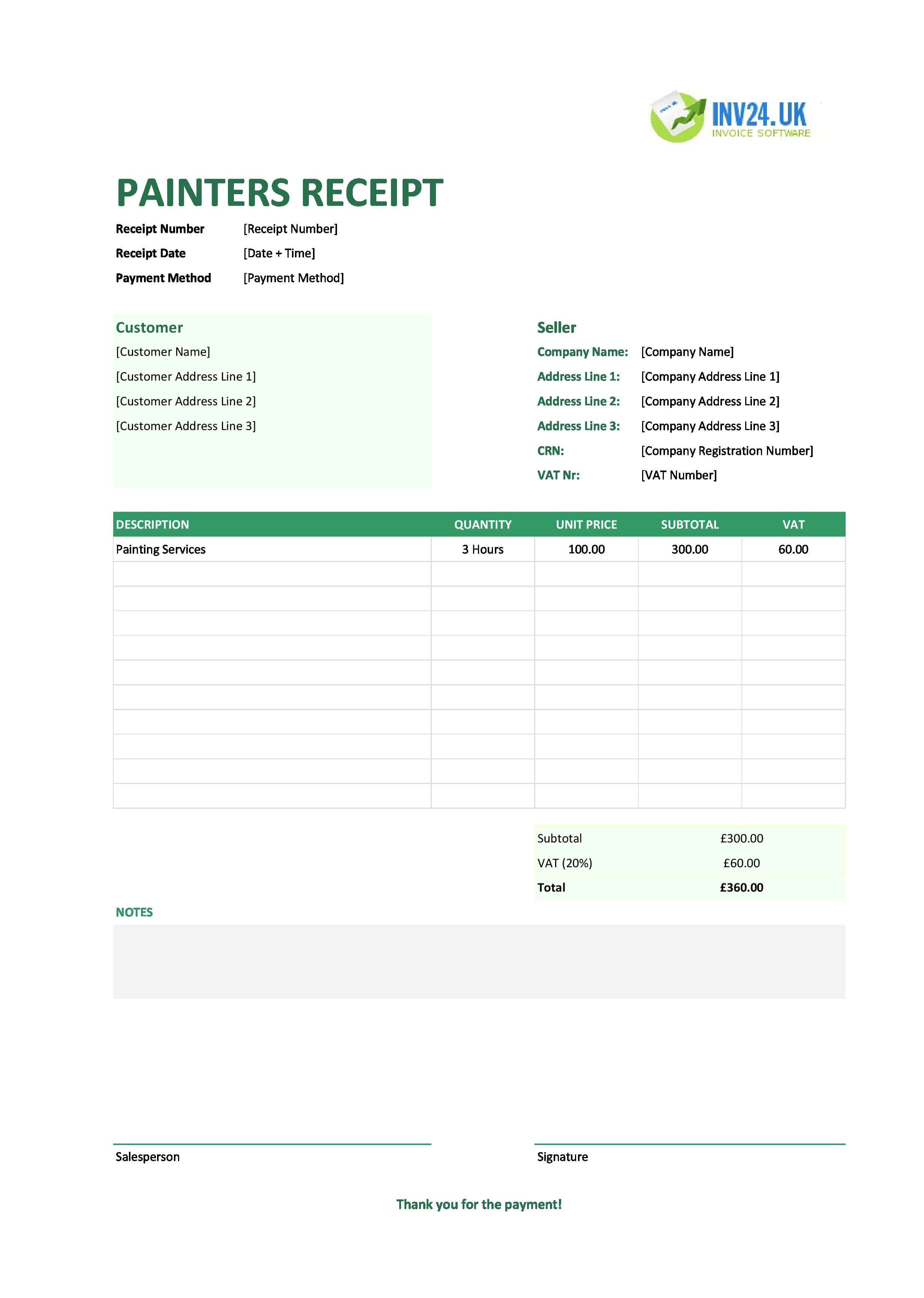 Painters Receipt Template for UK (Excel / Google Sheets)