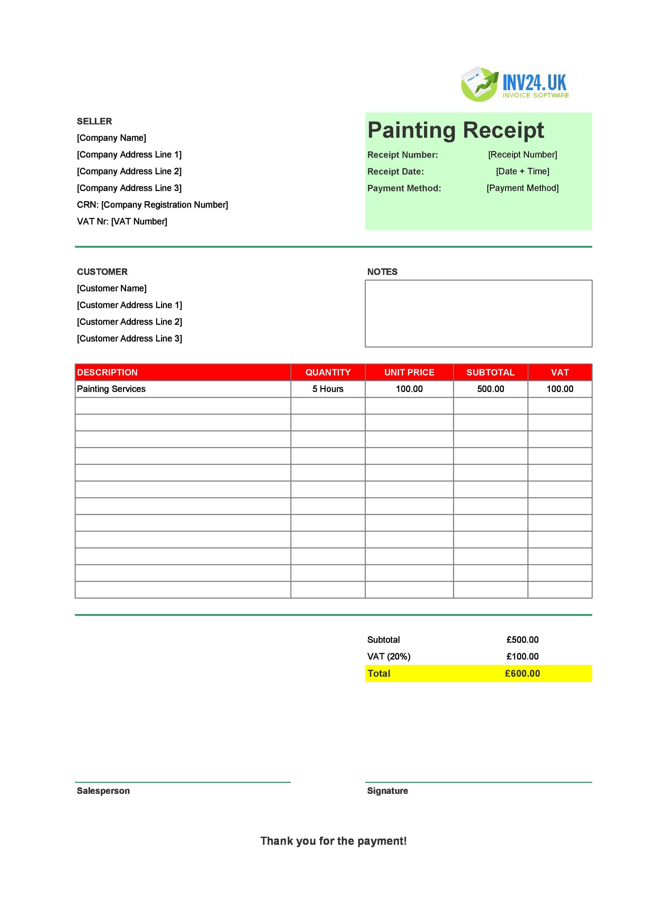 Painting Receipt Template for UK (Excel / Google Sheets)