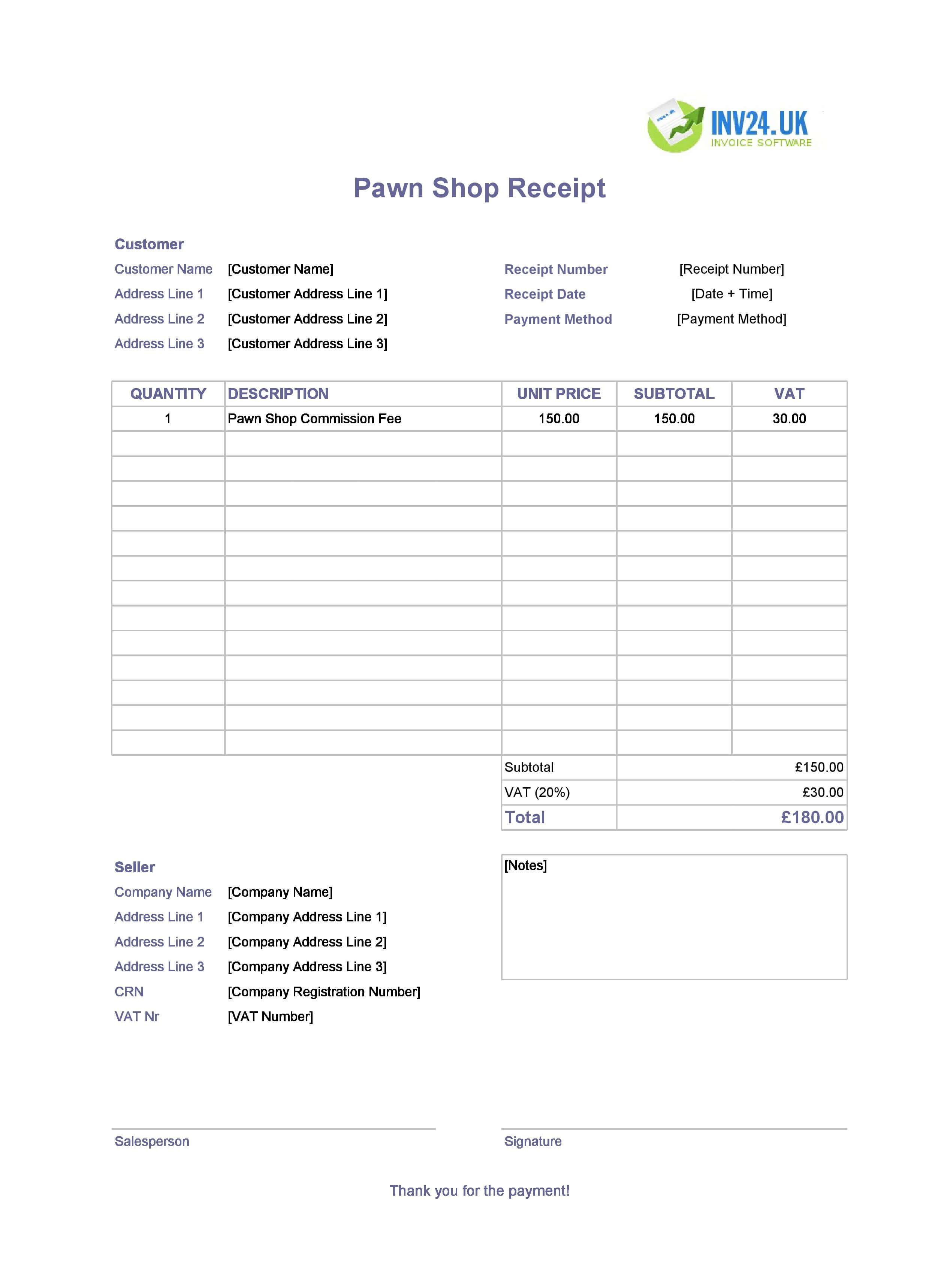 Pawn Shop Receipt Template for UK (Excel / Google Sheets)